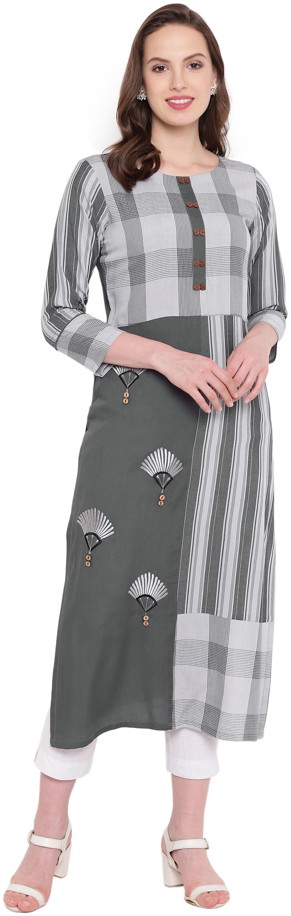 

Kvsfab Women Grey Embroidered Straight Kurta