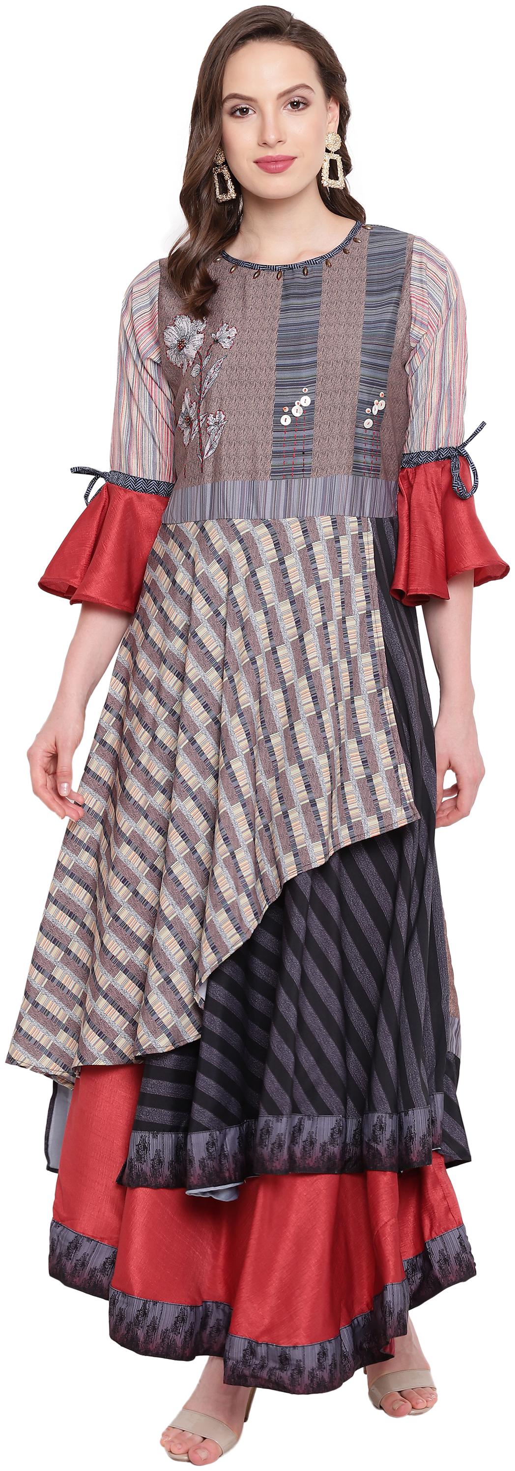 

Kvsfab WomenSilk Printed Multi Stiched Gown