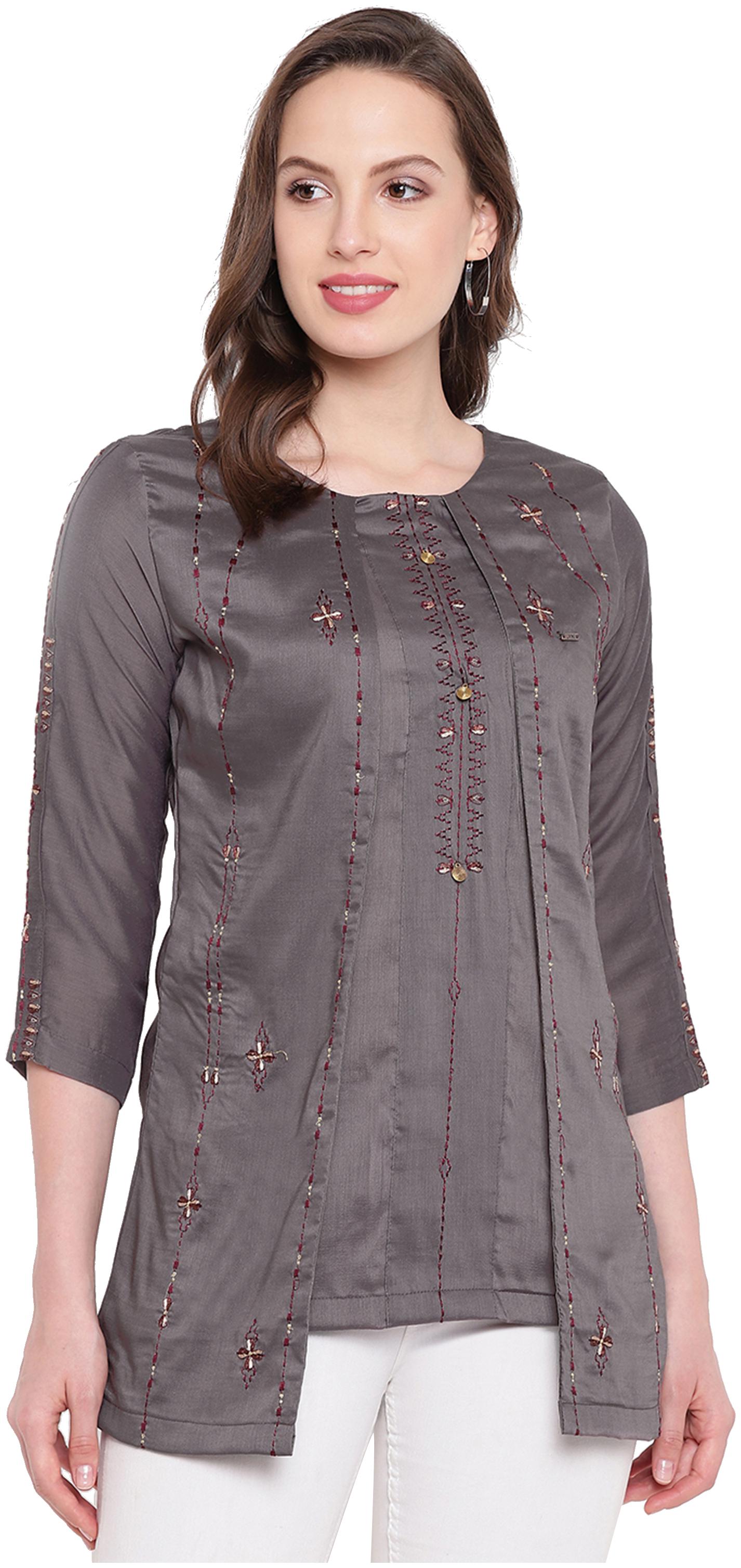 

Kvsfab Women Silk Embroidered A Line Kurti Grey