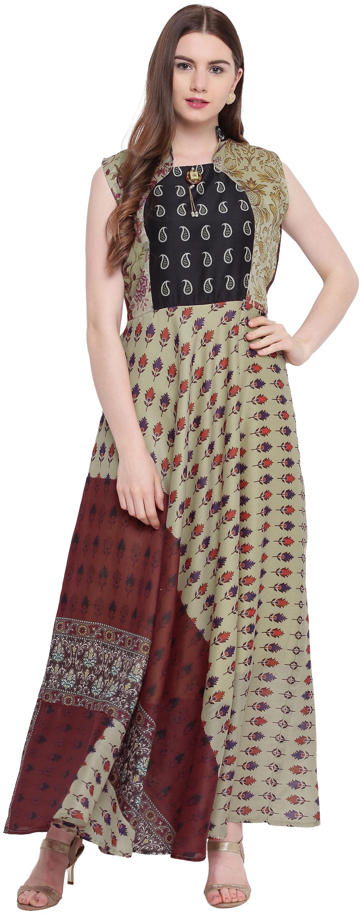 

Kvsfab WomenSilk Printed Multi Stiched Gown