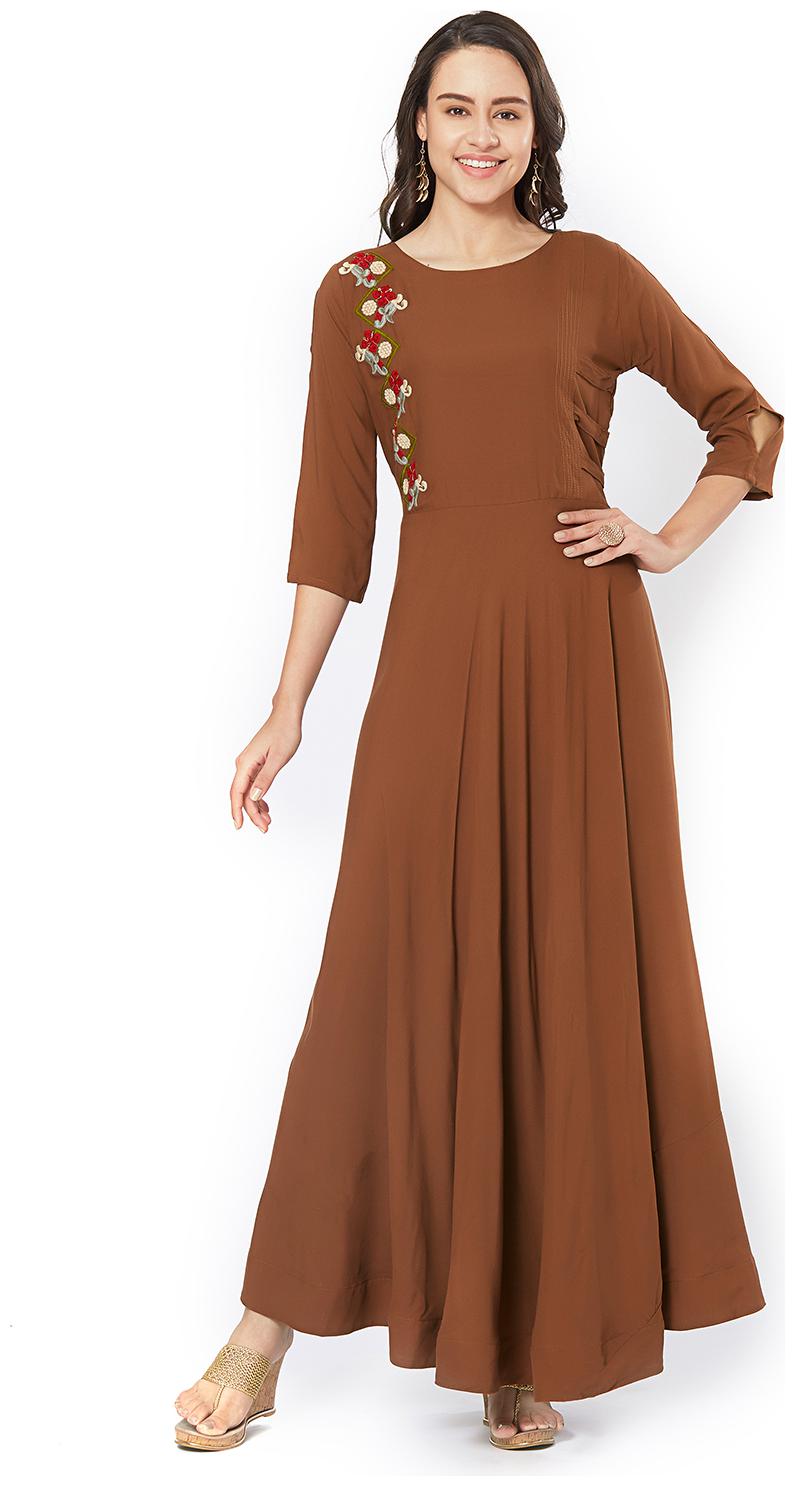 

Kvsfab WomenRayon Embroidered Brown Stiched Gown