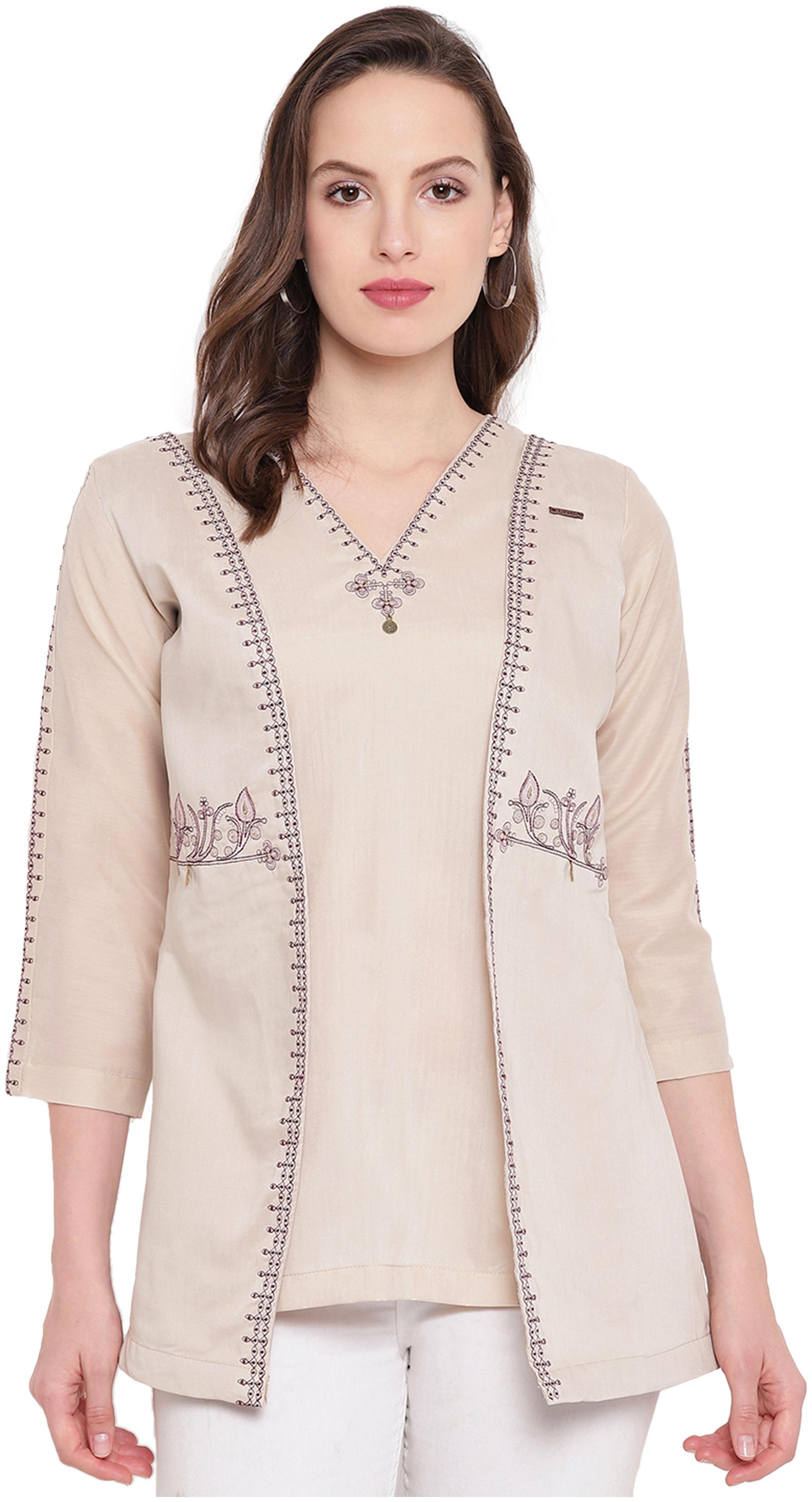 

Kvsfab Women Silk Embroidered A Line Kurti Beige