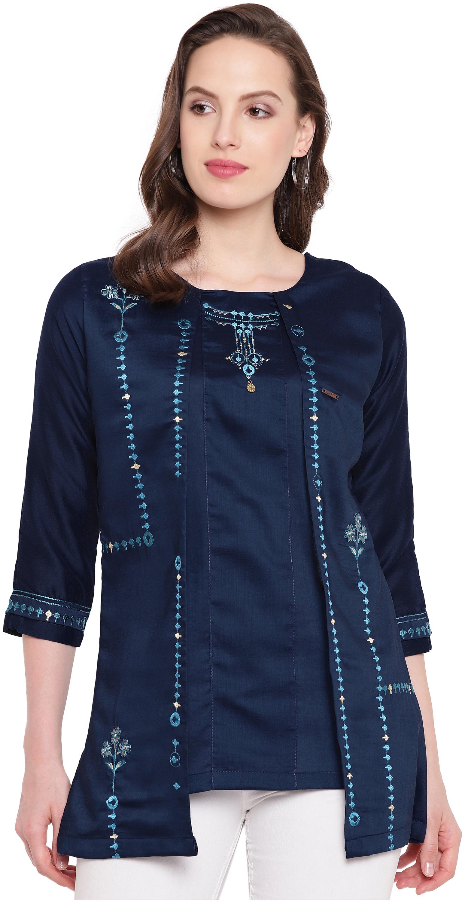 

Kvsfab Women Silk Embroidered A Line Kurti Blue