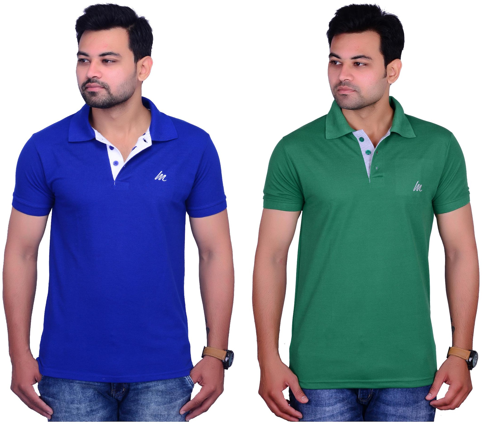 

La Milano Men Green Blue Slim fit Cotton Polo collar T-Shirt - Pack Of 2