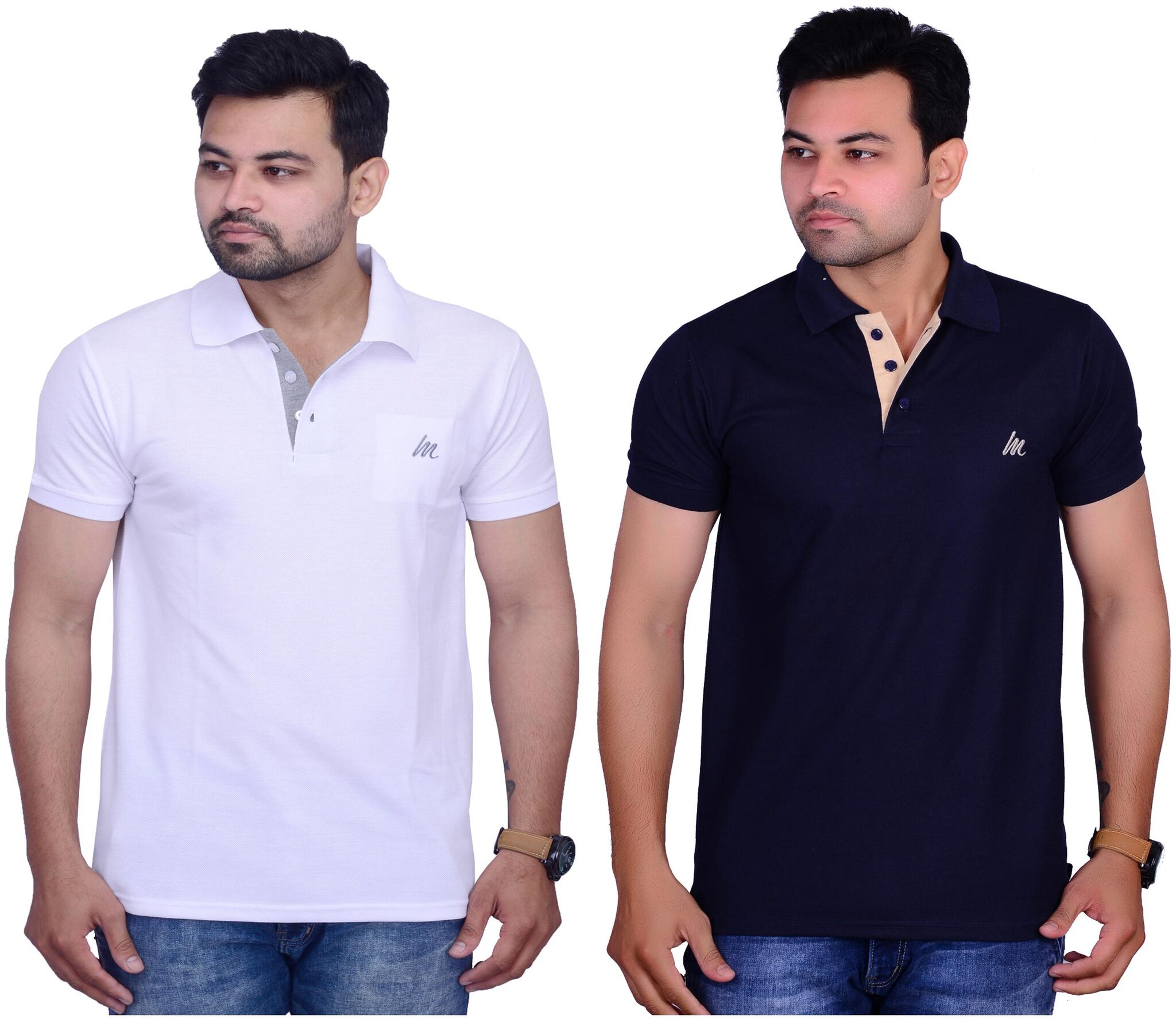 

La Milano Men Navy blue White Slim fit Cotton Polo collar T-Shirt - Pack Of 2