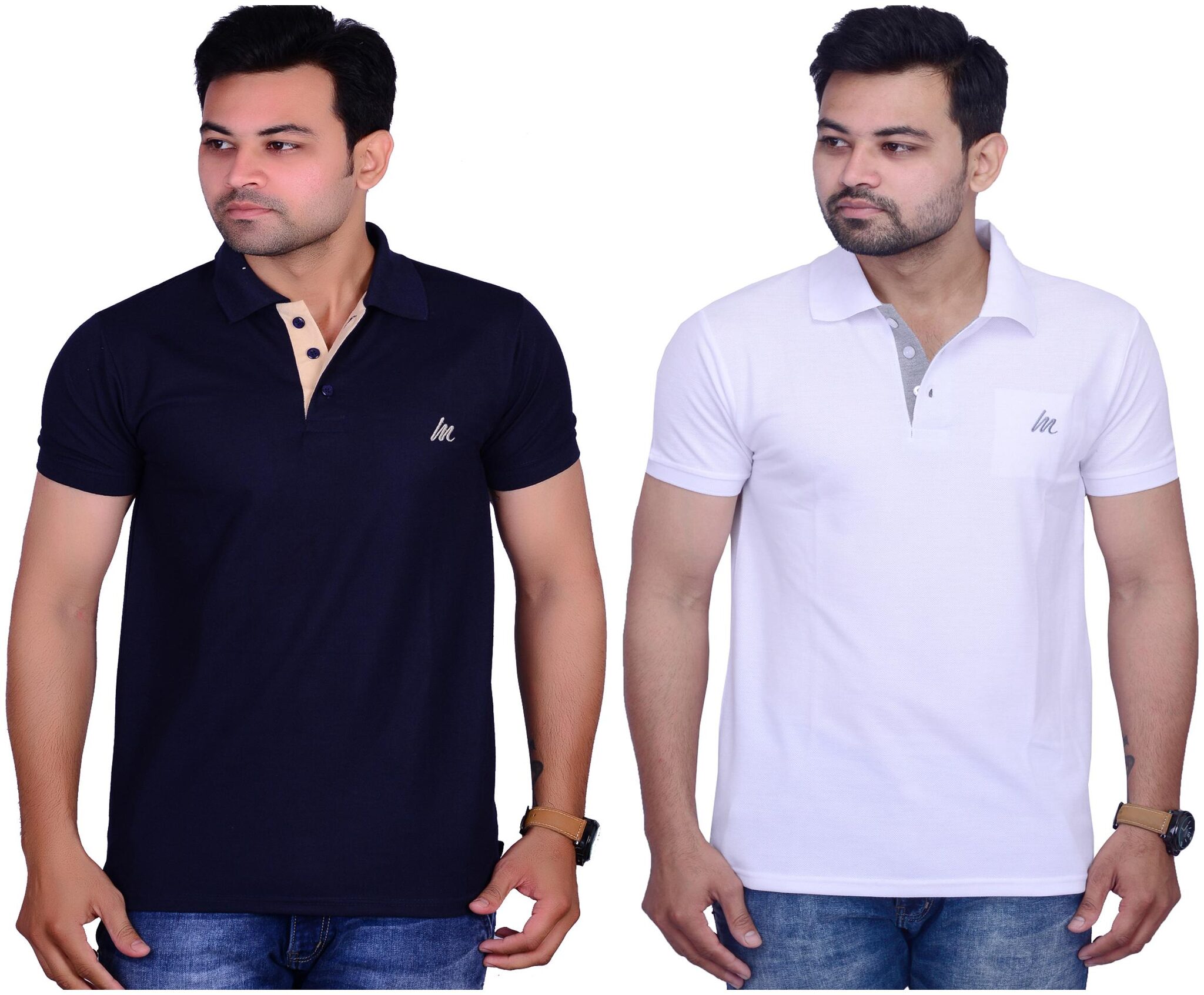 

La Milano Men White Blue Slim fit Cotton Polo collar T-Shirt - Pack Of 2