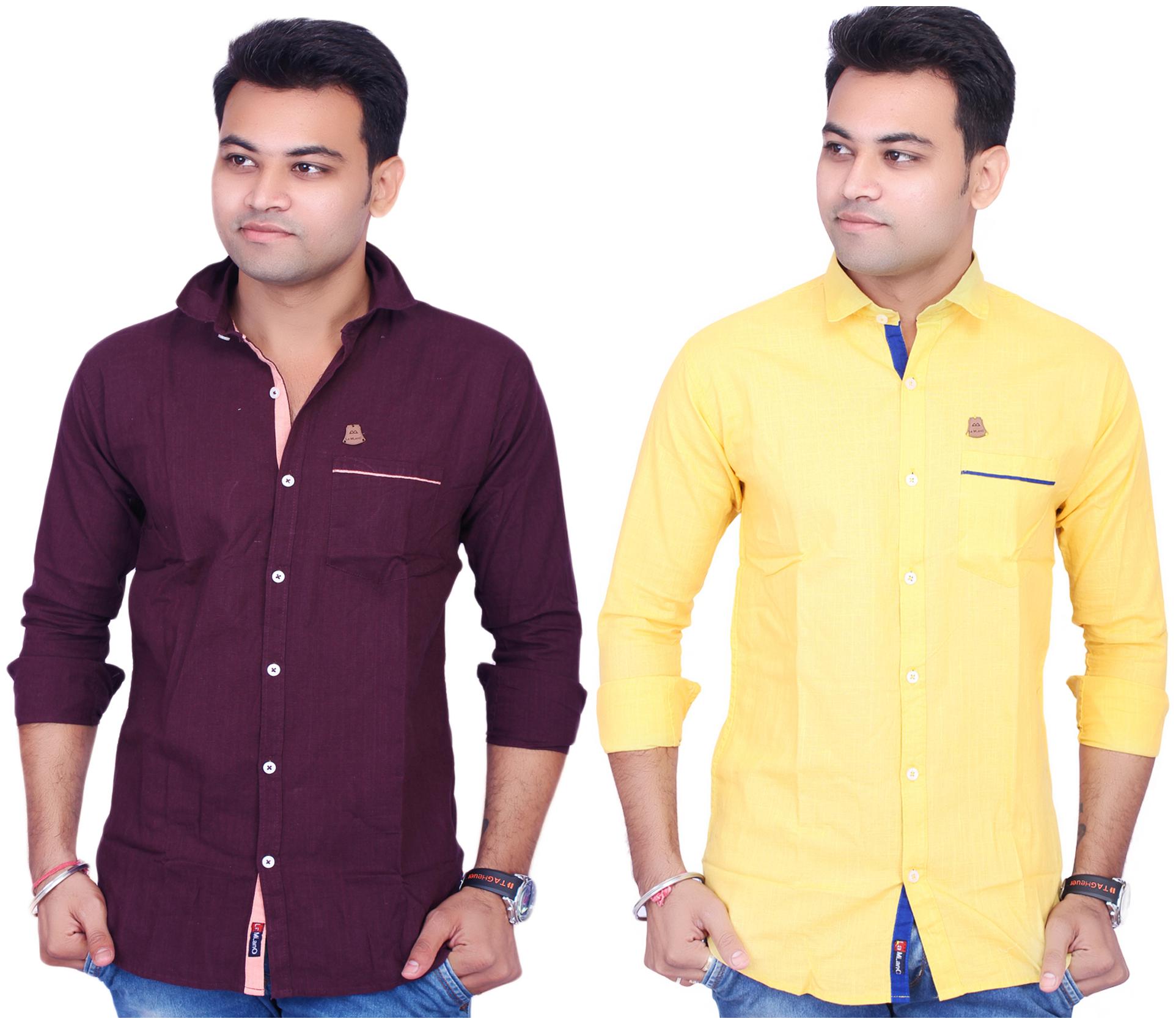 

La Milano Men Yellow Purple Solid Slim Fit Casual Shirt