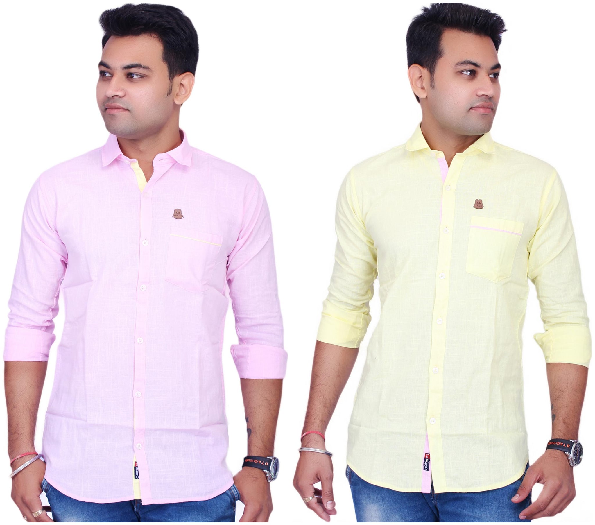 

La Milano Men Yellow Pink Solid Slim Fit Casual Shirt