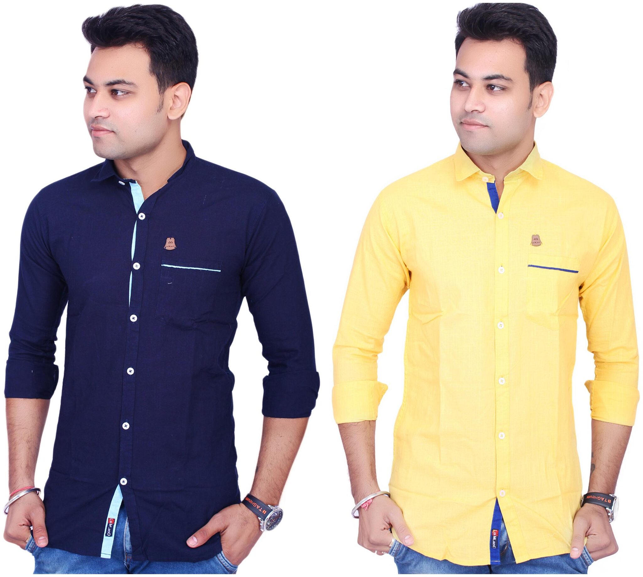 

La Milano Men Yellow Blue Solid Slim Fit Casual Shirt