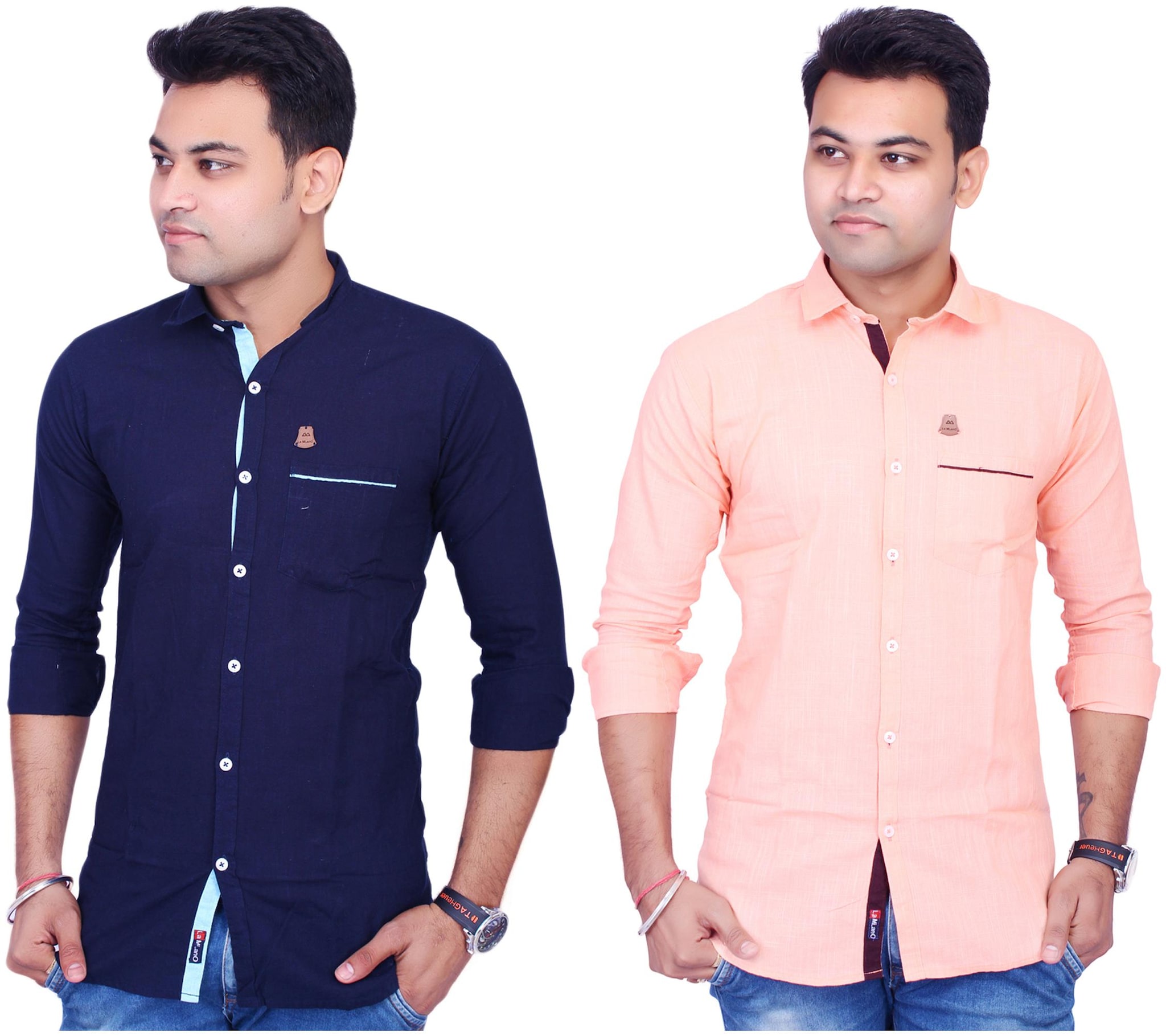 

La Milano Men Orange Blue Solid Slim Fit Casual Shirt