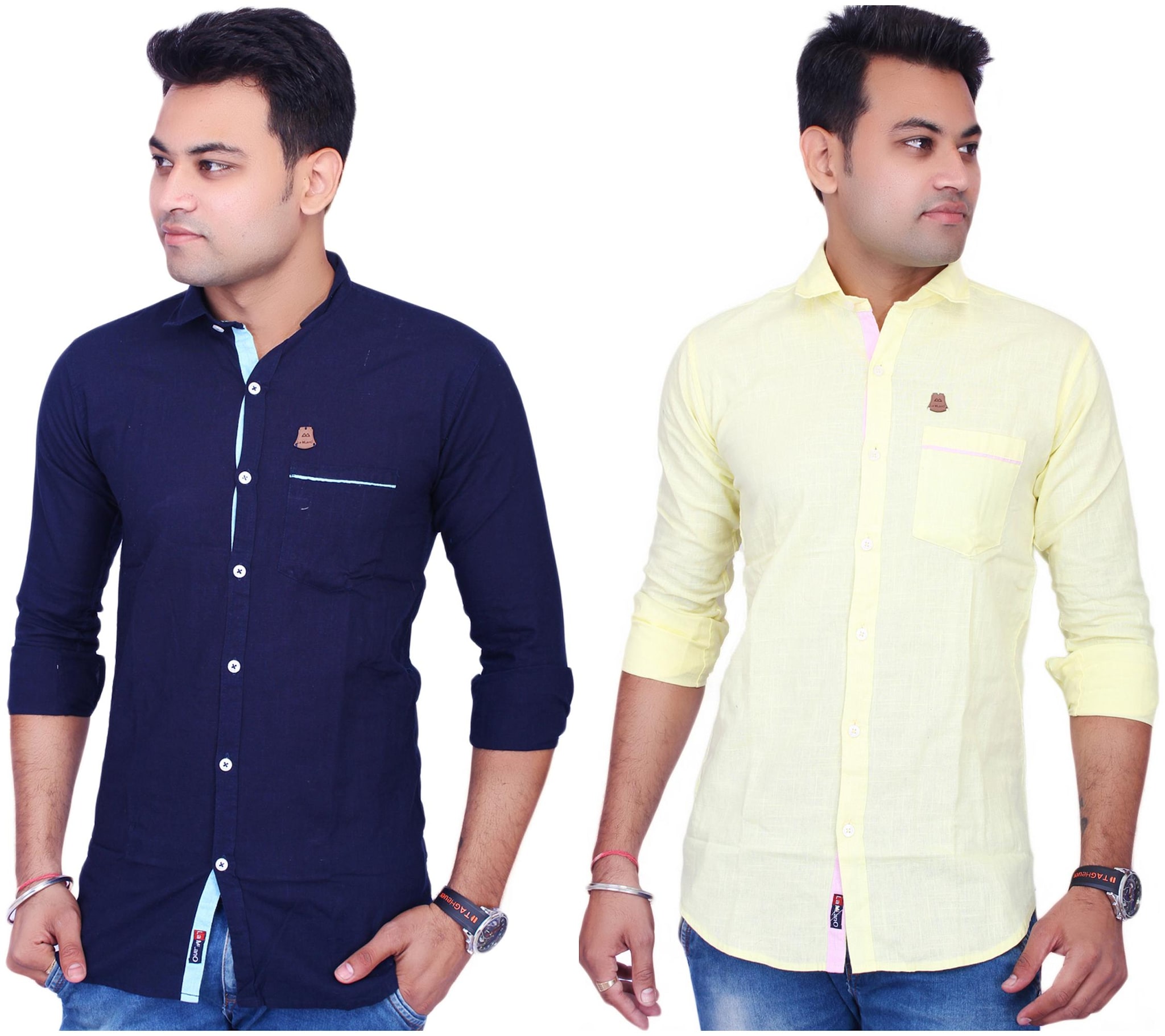 

La Milano Men Yellow Blue Solid Slim Fit Casual Shirt