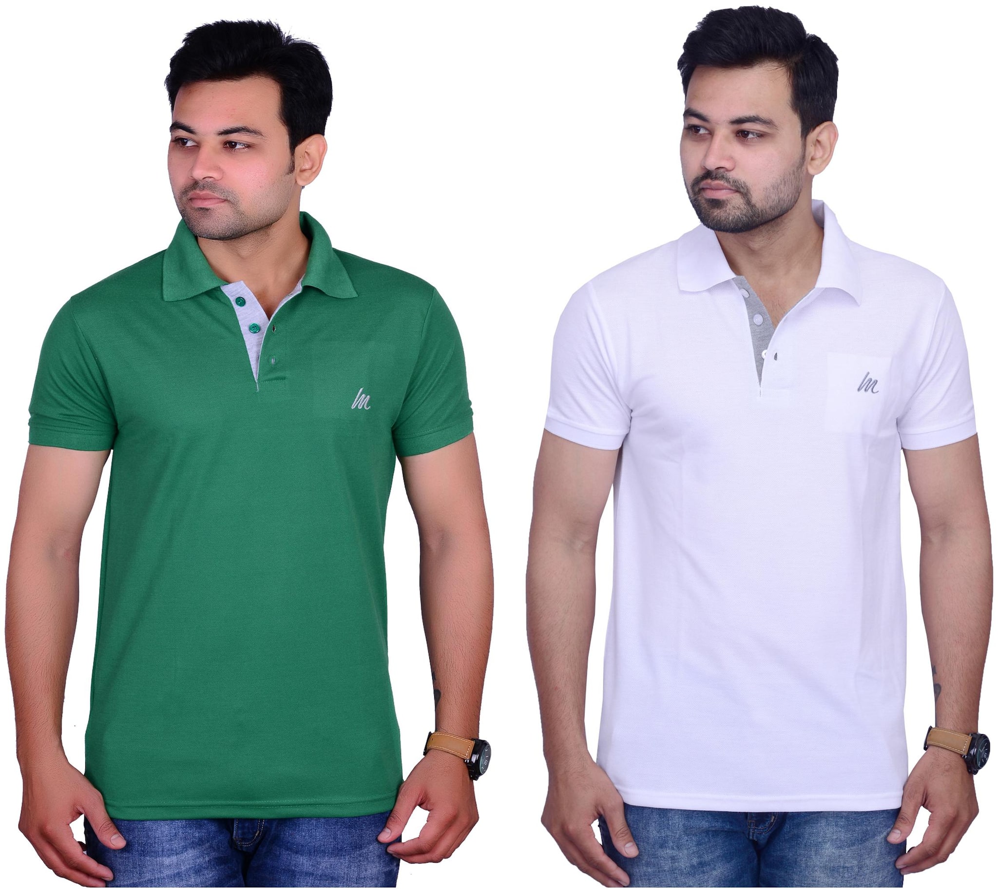 

La Milano Men White Green Slim fit Cotton Polo collar T-Shirt - Pack Of 2