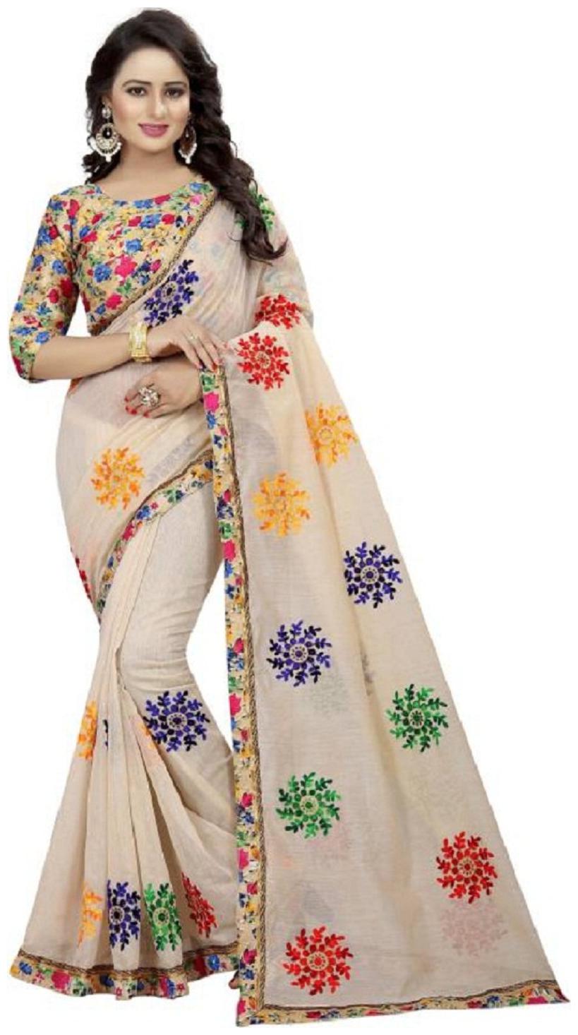 

JINAL AND JINAL Cream Embroidered Chanderi Designer Saree With blouse