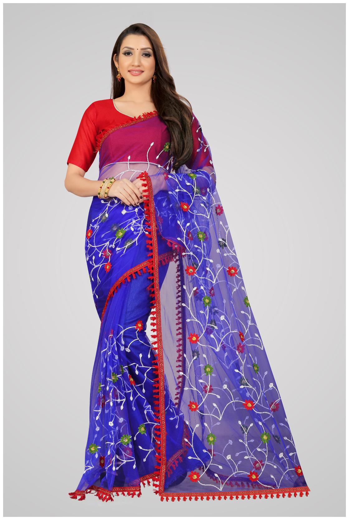 

LADY SHOPI Net Navy Blue Designer Embroidered Saree For Women