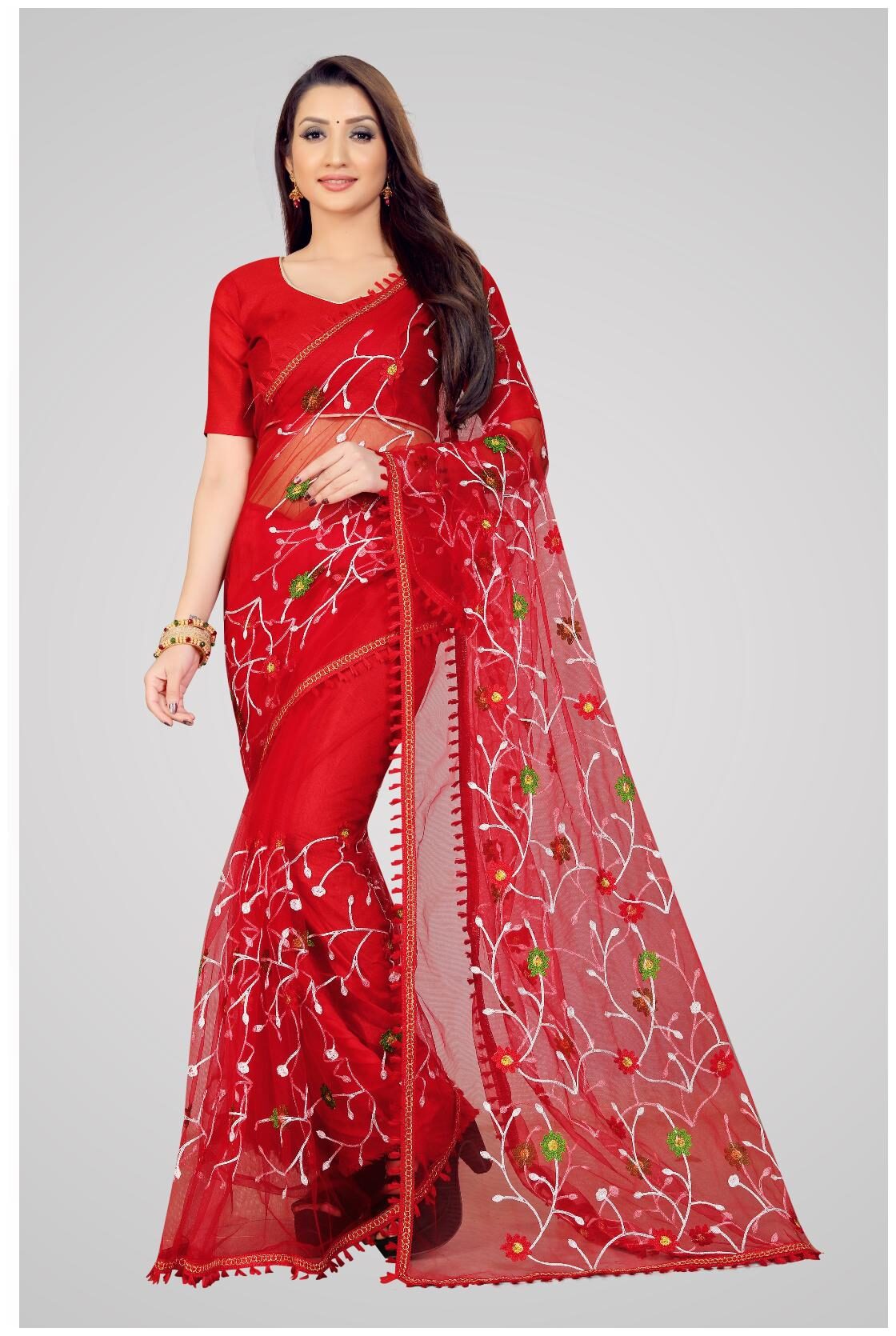 

LADY SHOPI Net Red Designer Embroidered Saree For Women