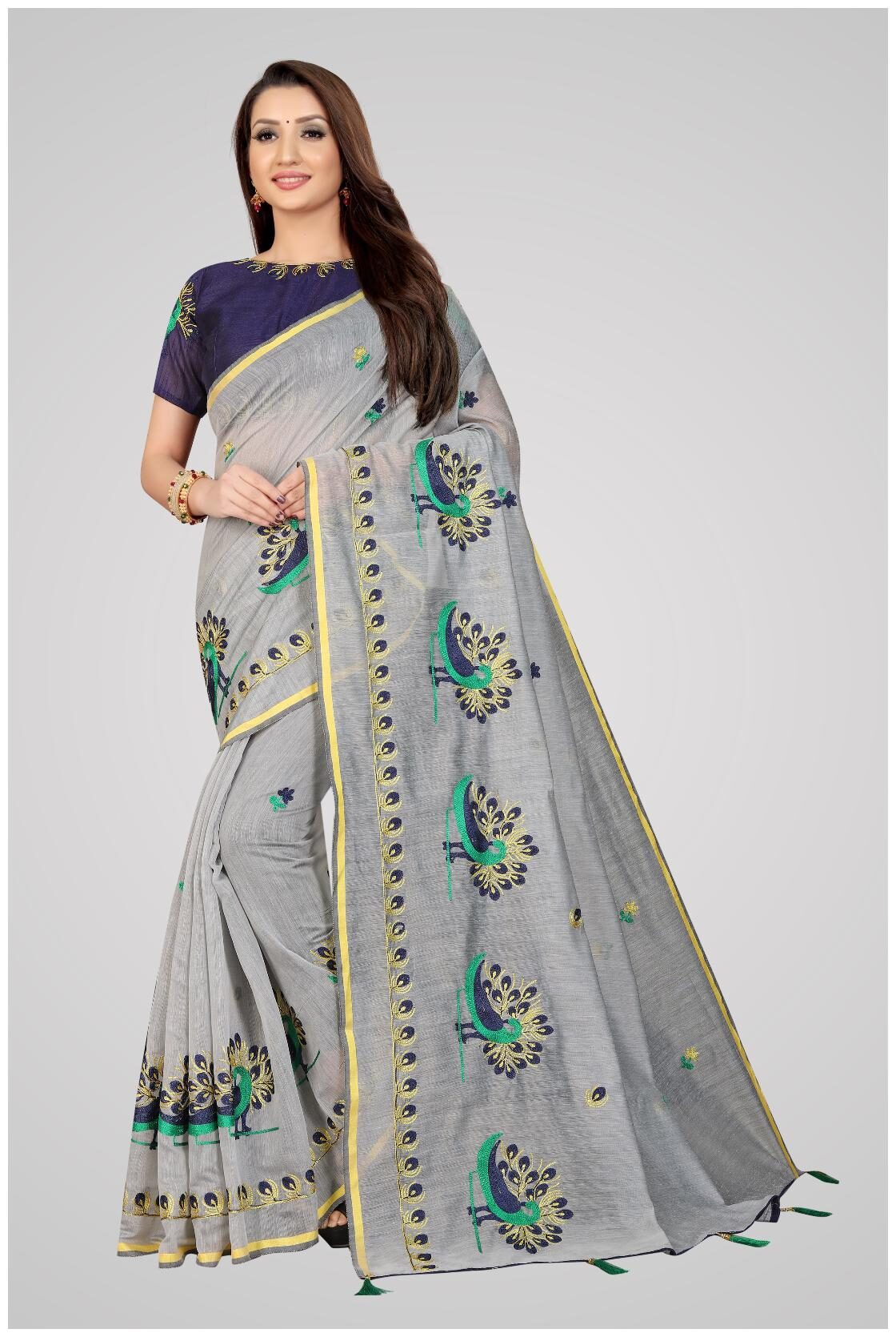 

LADY SHOPI Silk Grey Designer Embroidered Saree For Women