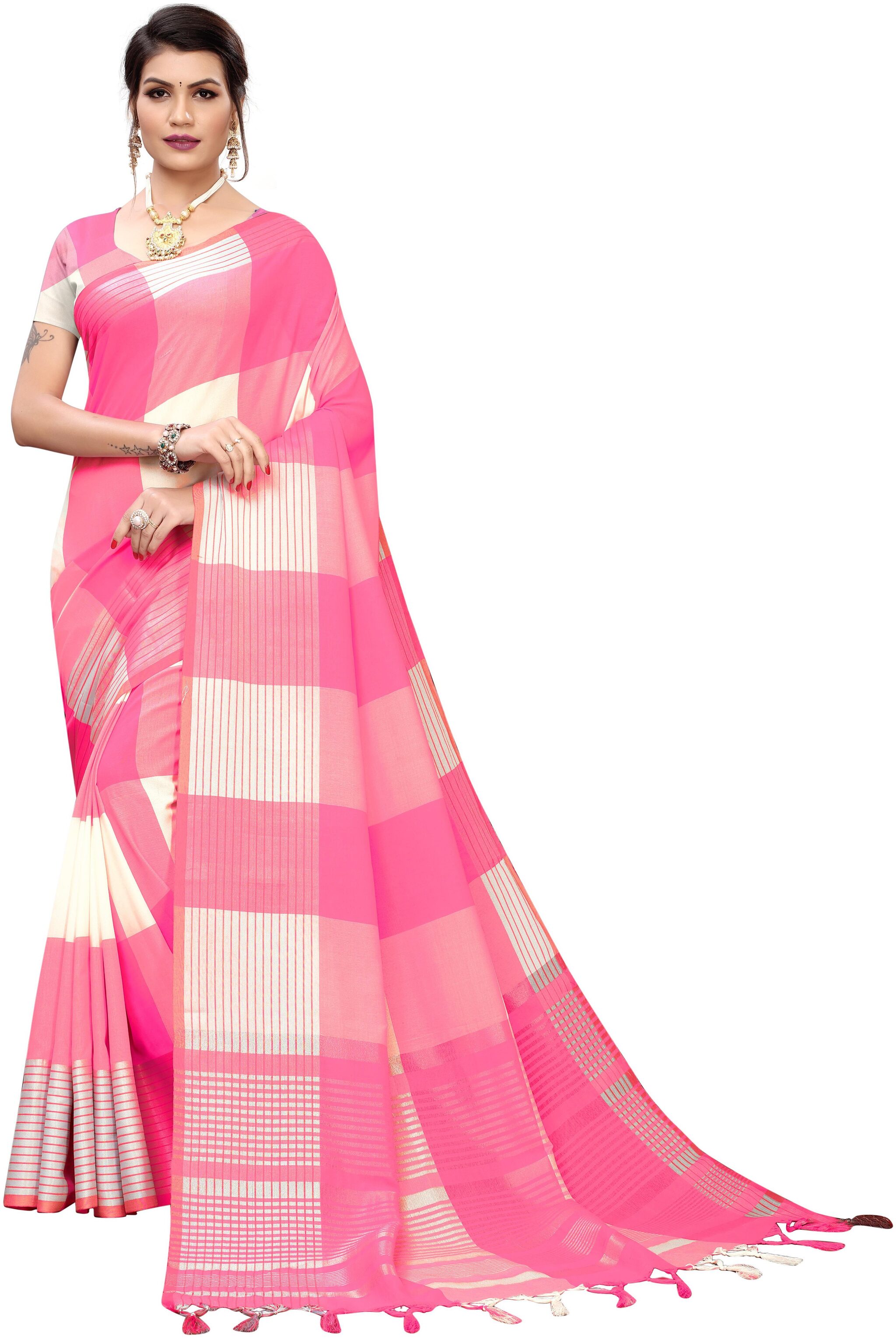 

Lady Shopi Women S Fancy Cotton Silk Saree (Gamma Checks Pink Cotton Silk Pink) Checkered
