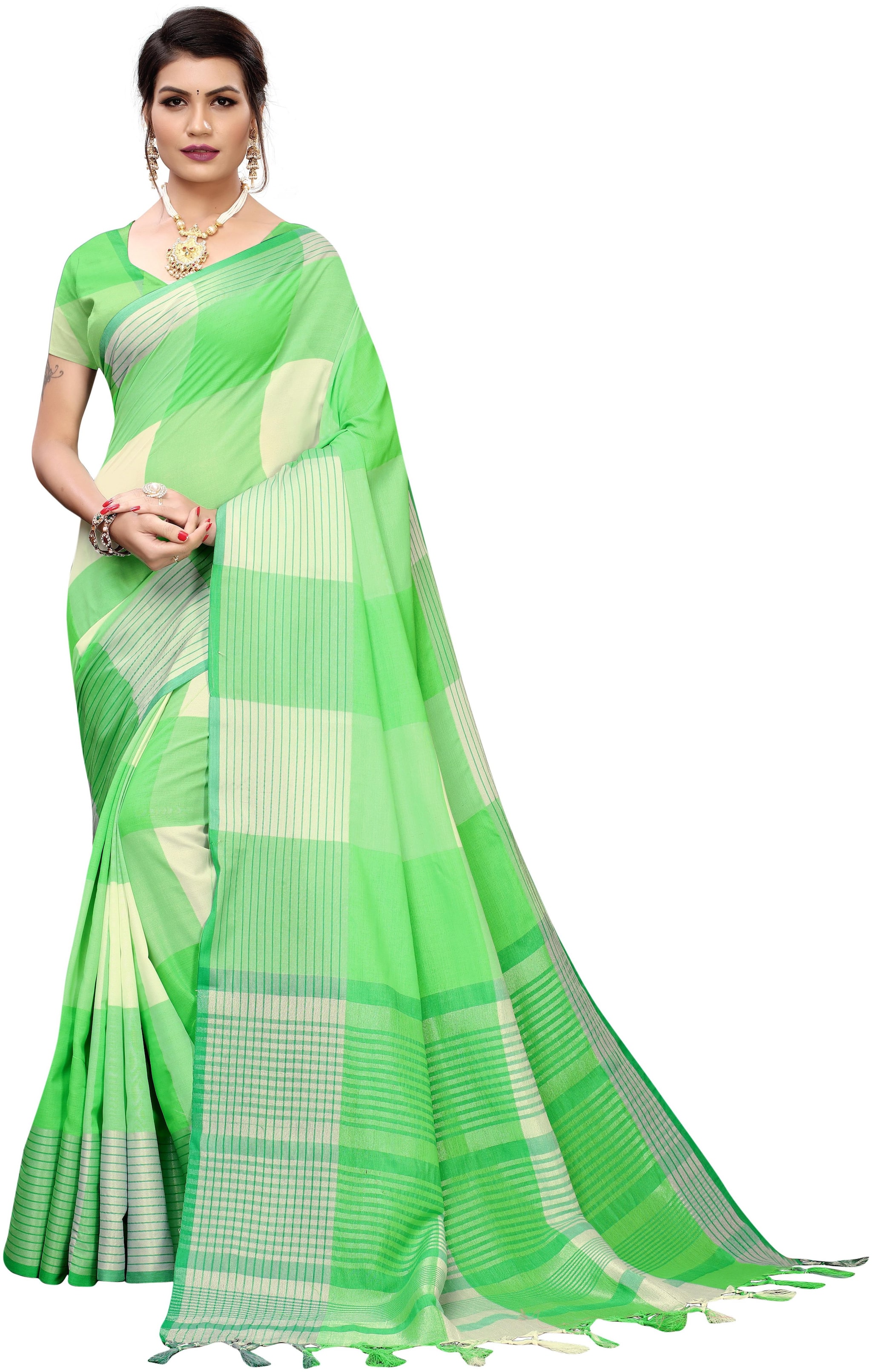 

Lady Shopi Women S Fancy Cotton Silk Saree (Gamma Checks Green Cotton Silk Green) Checkered
