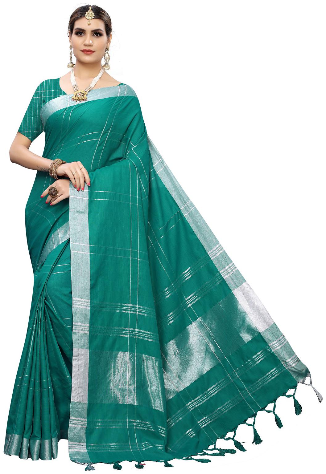 

Lady Shopi Women S Fancy Cotton Silk Saree(Disco Rama Green Free Size) Striped