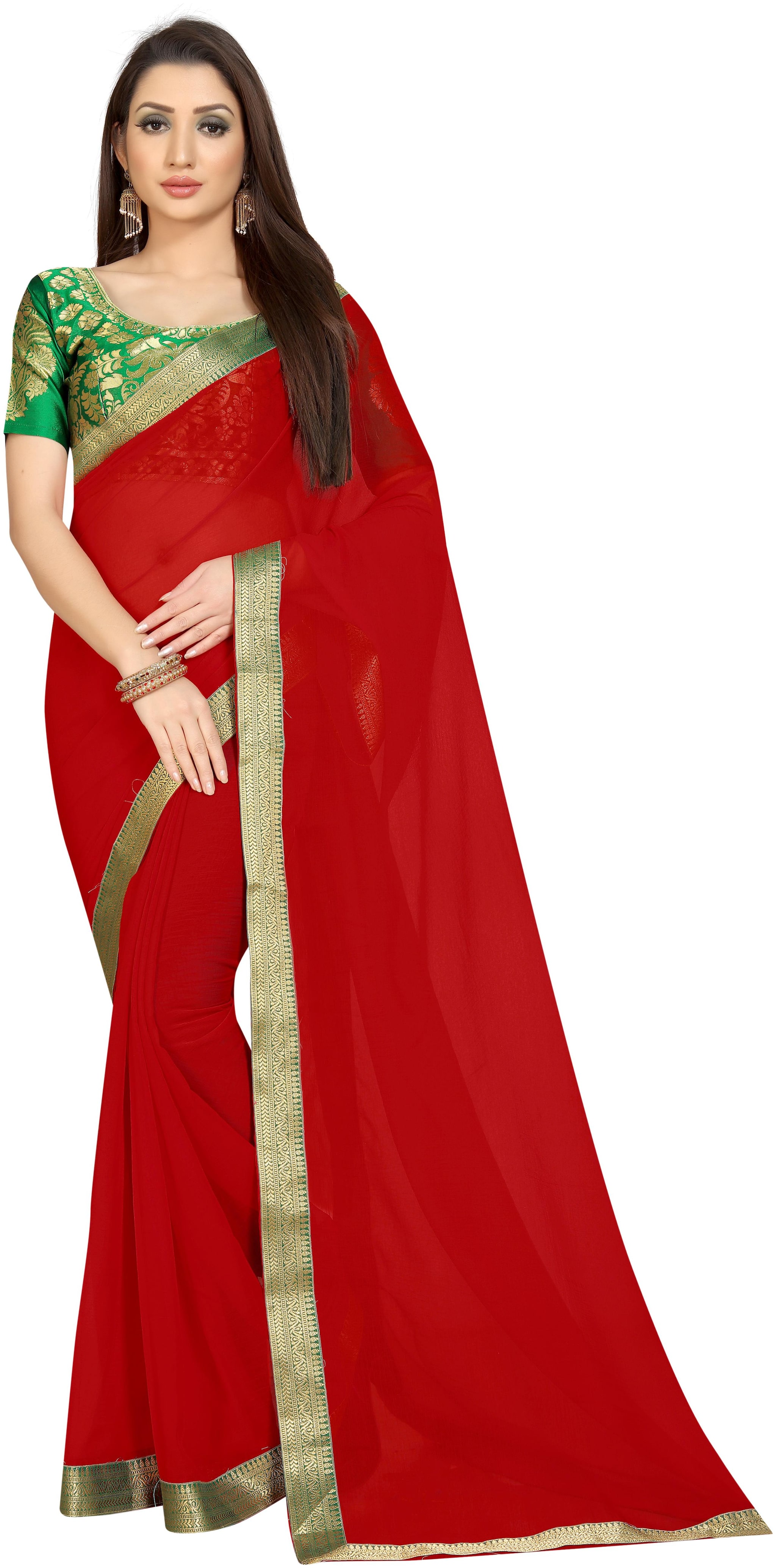 

LADY SHOPI Women Chiffon Sarees Red