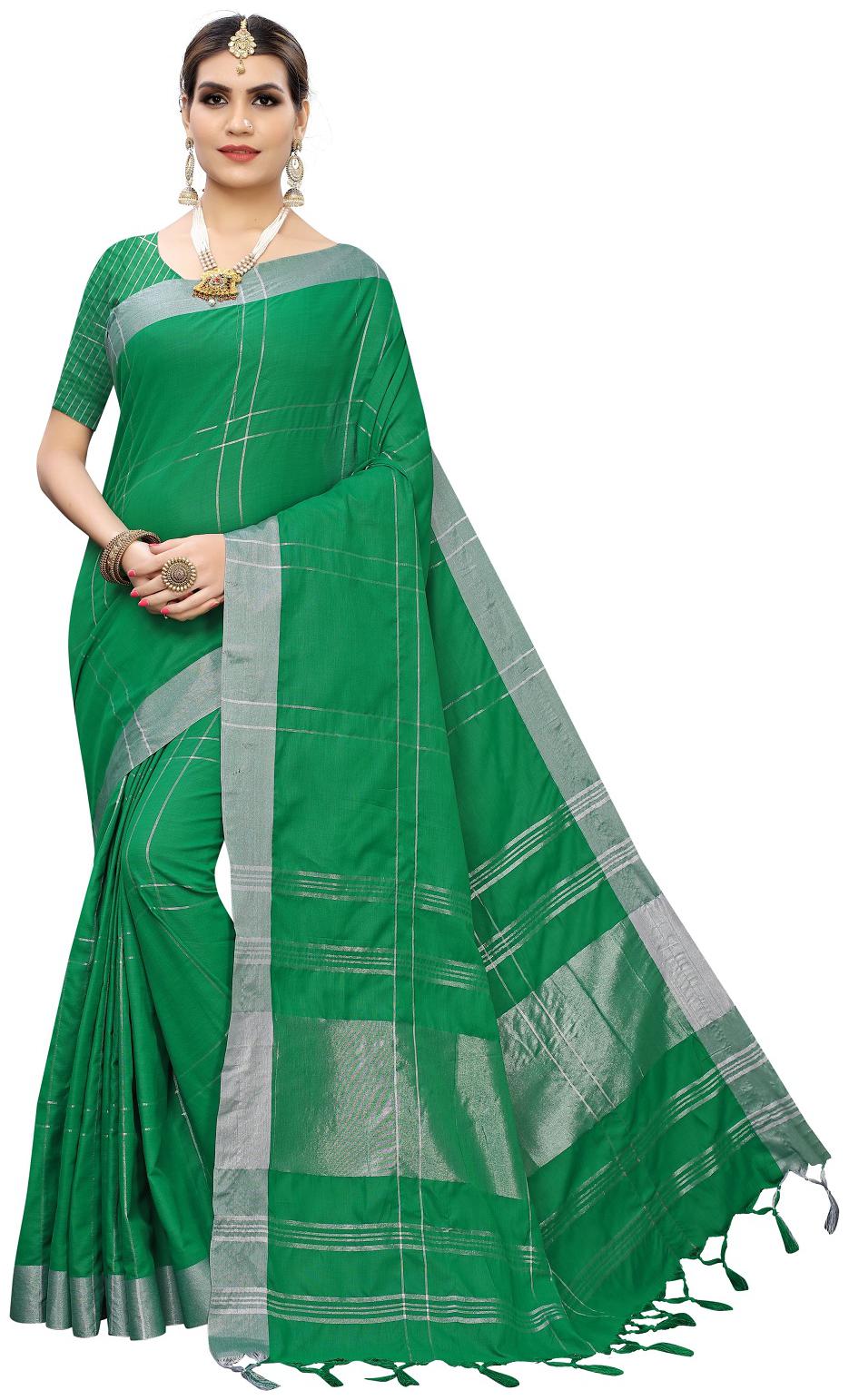 

Lady Shopi Women S Fancy Cotton Silk Saree(Disco Green Green Free Size) Striped