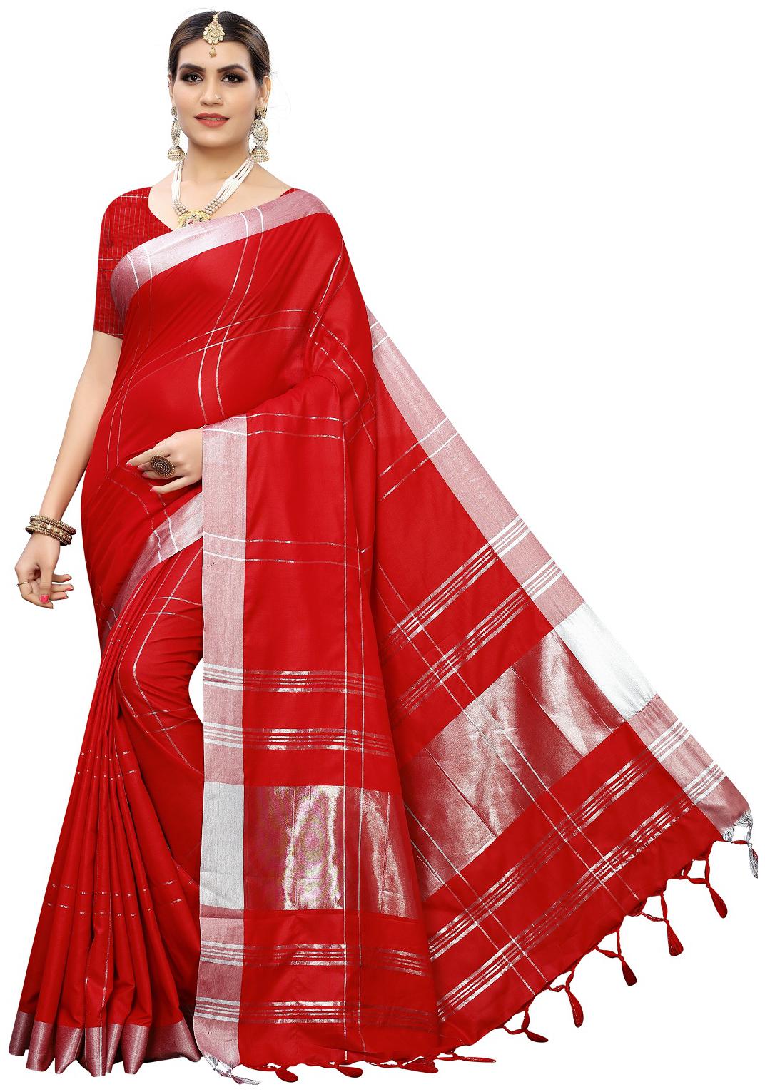 

Lady Shopi Women S Fancy Cotton Silk Saree(Disco Red Red Free Size) Striped
