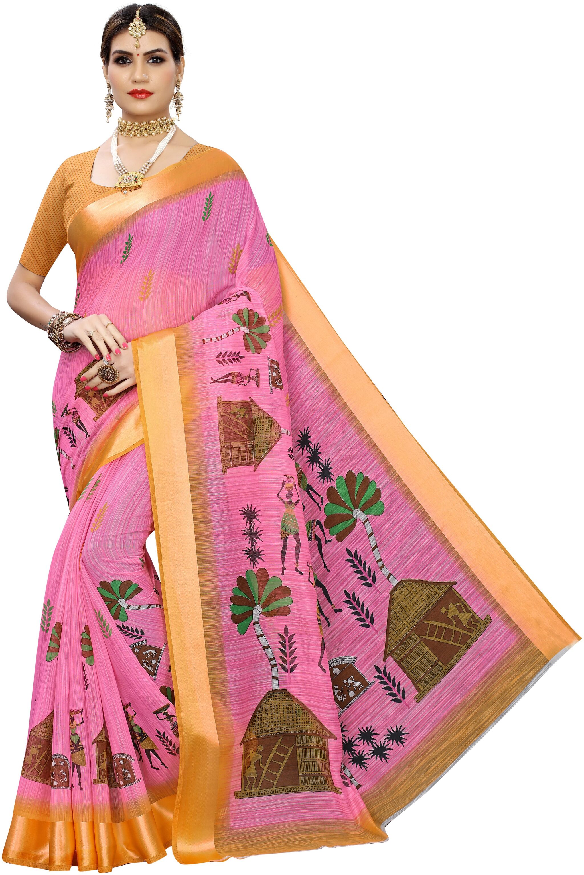 

LADY SHOPI Women Linen Sarees Pink