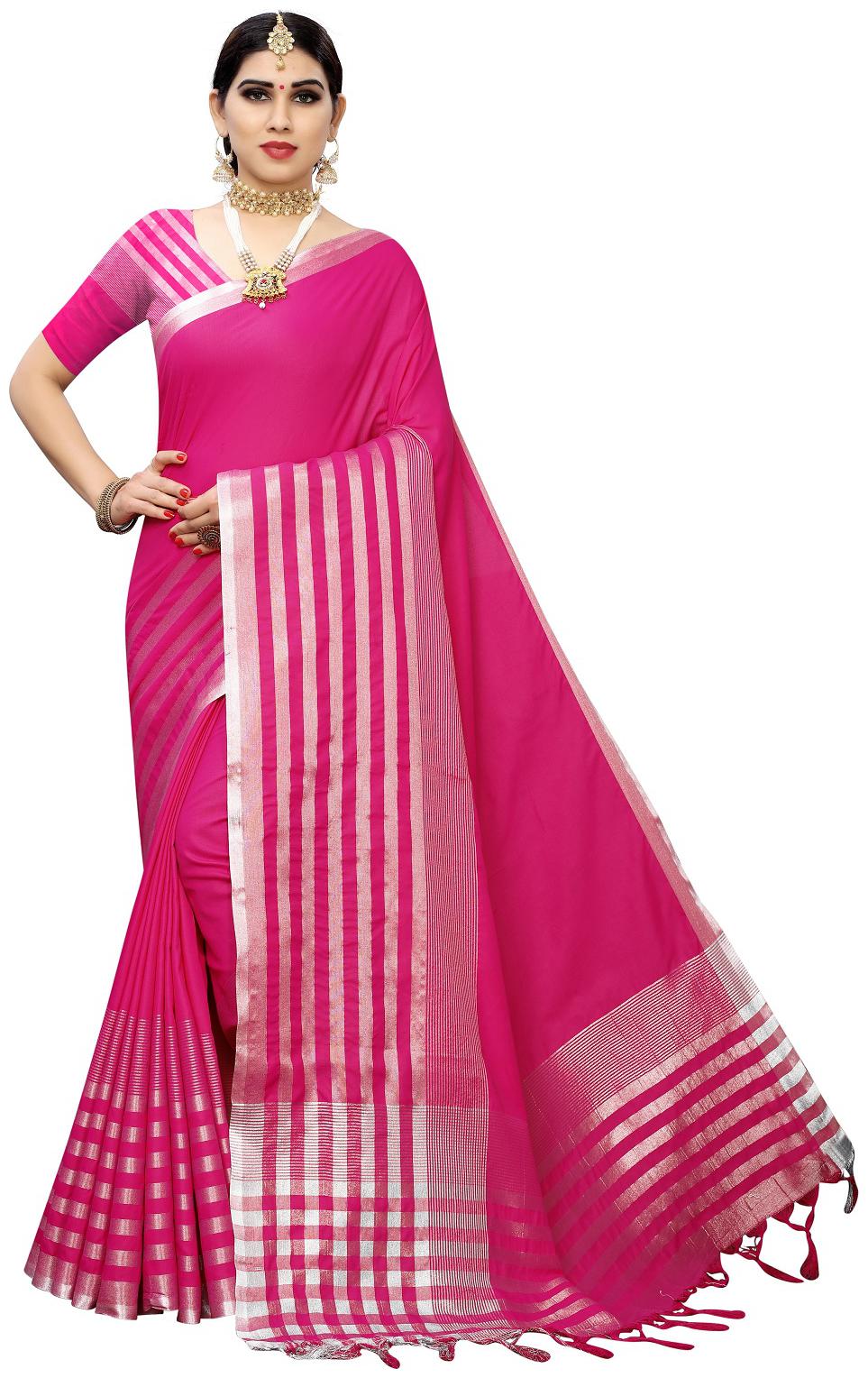 

Lady Shopi Women S Fancy Cotton Silk Saree(Twitter Pink Pink Free Size) Striped