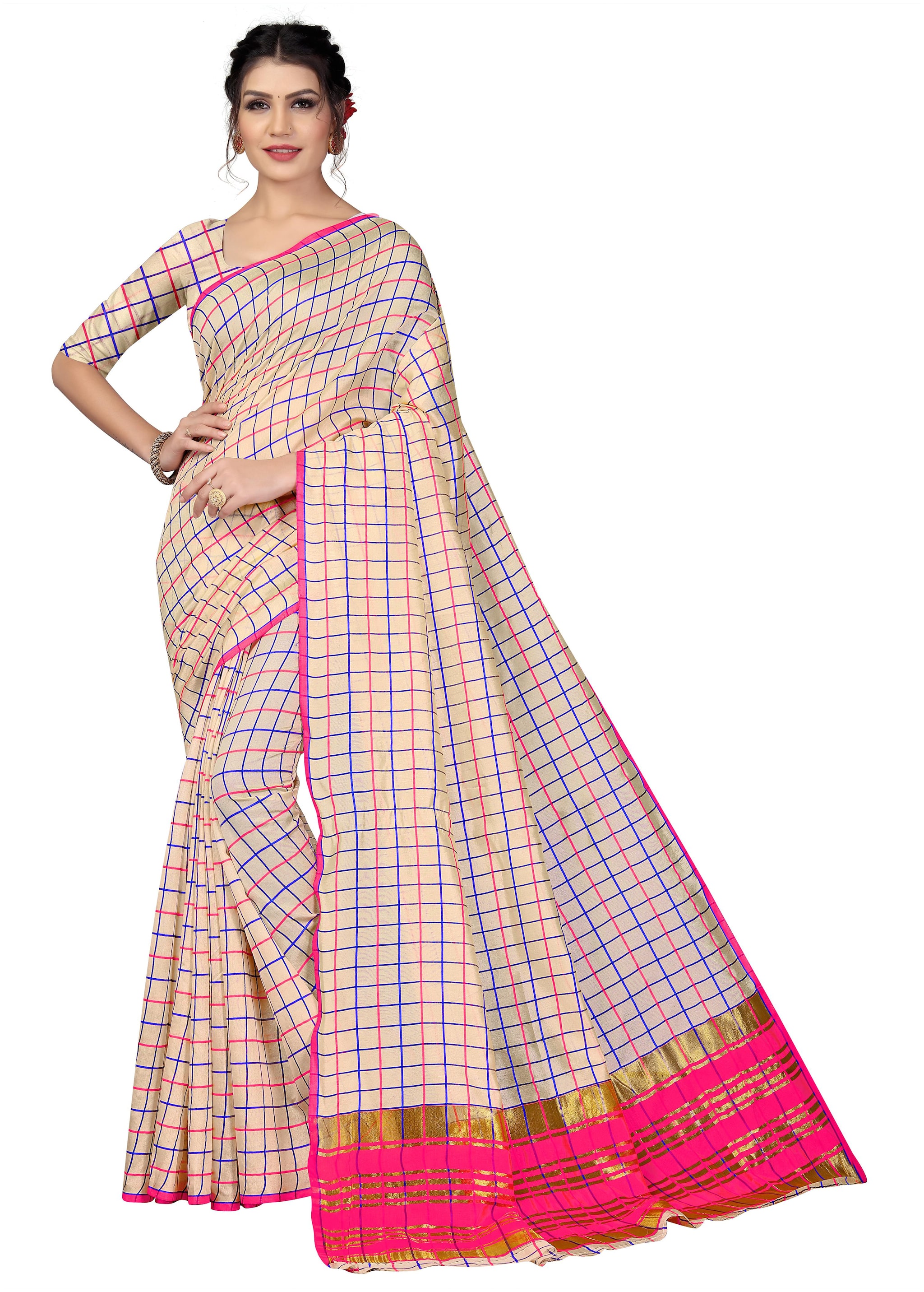 

LADY SHOPI Women Cotton Saree Beige