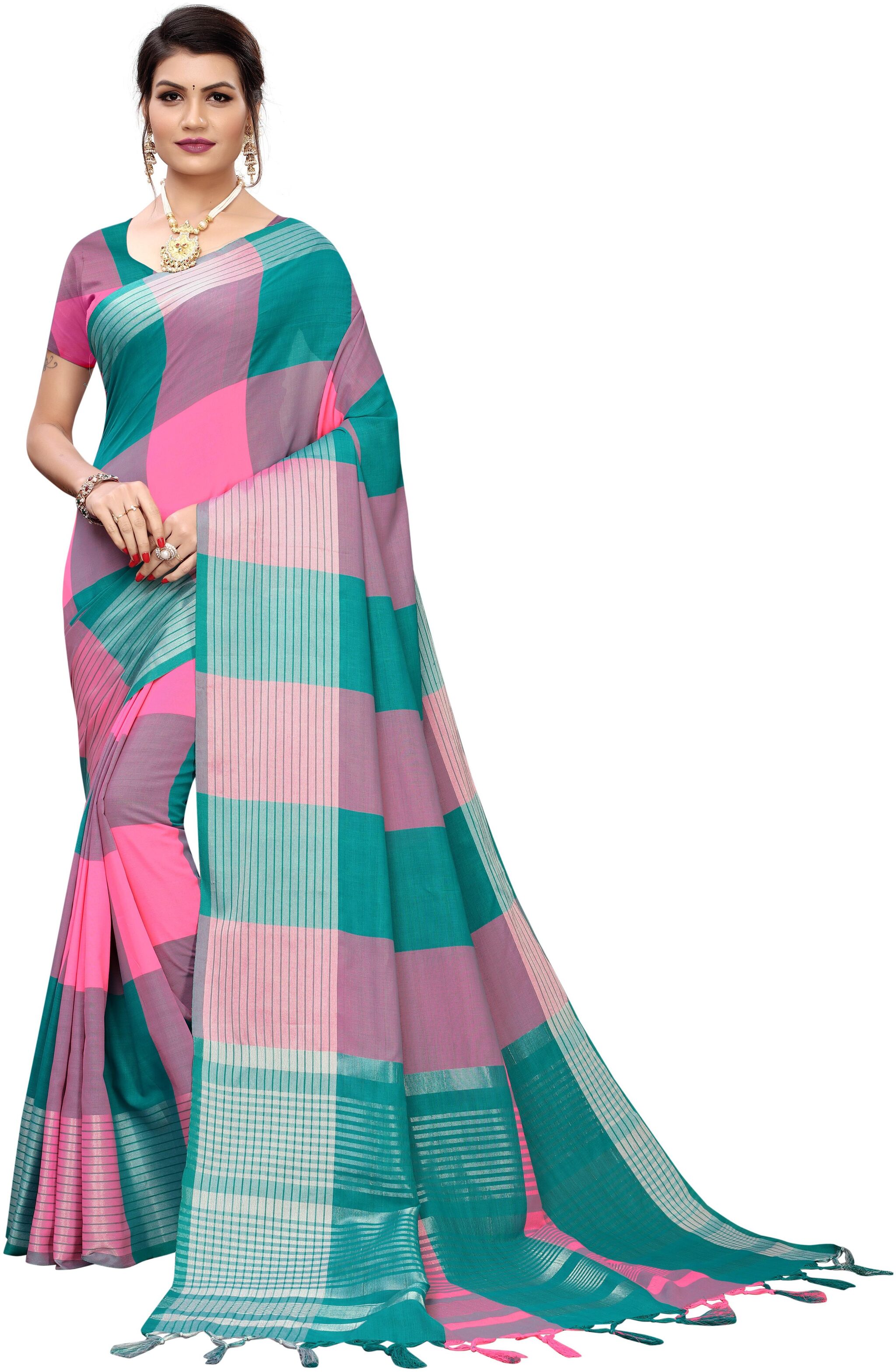 

Lady Shopi Women S Fancy Cotton Silk Saree (Gamma Checks Rama Green Cotton Silk Rama) Checkered