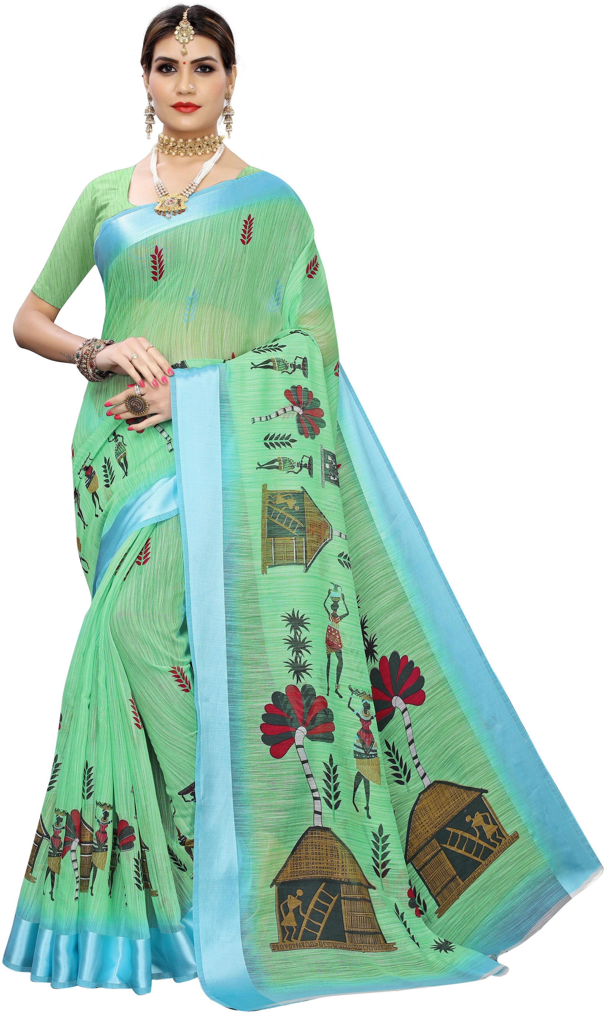 

LADY SHOPI Women Linen Sarees Green