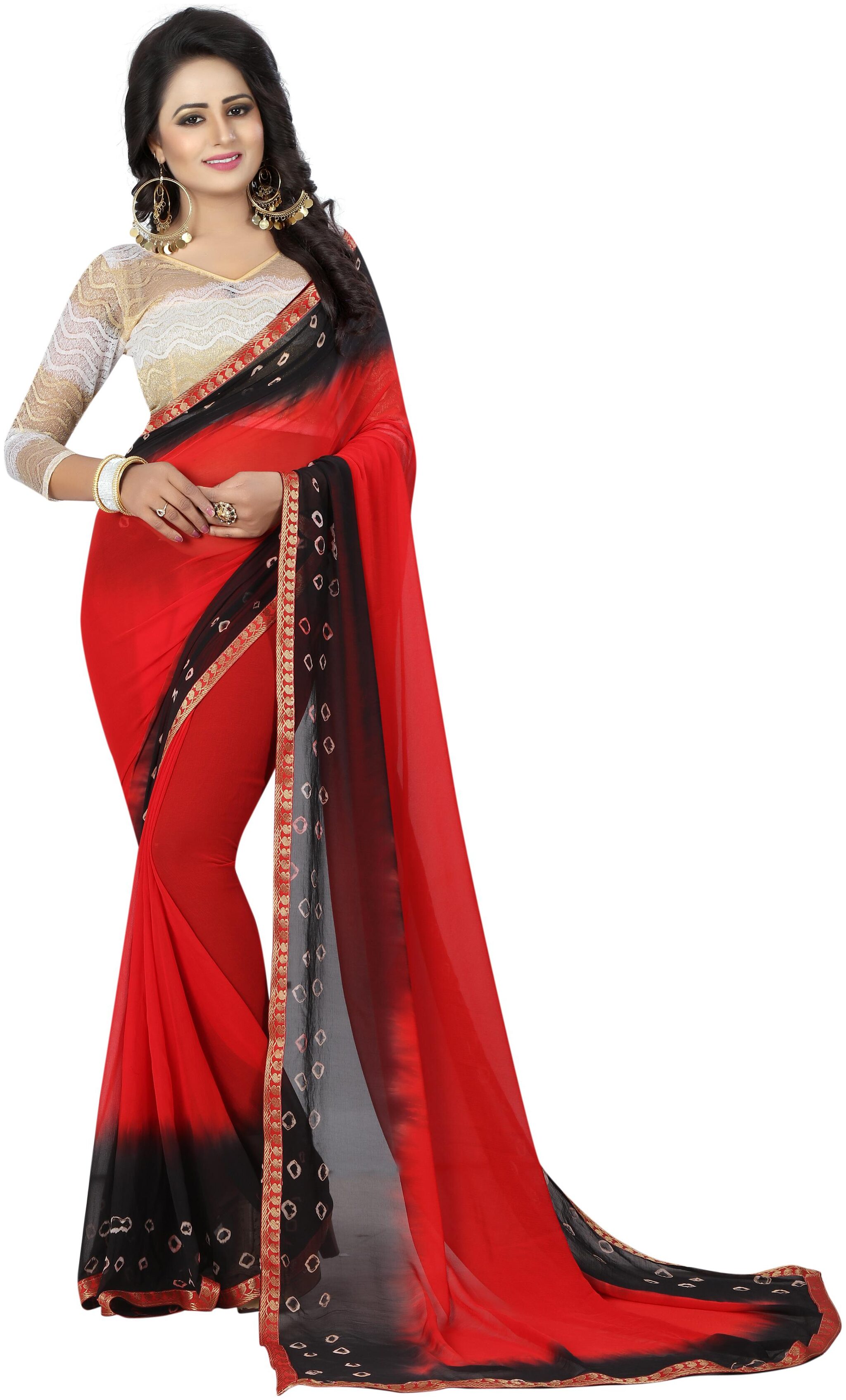 

Lady Shopi Women Chiffon Sarees Bandhani And Laheriya Style Sarees With Net Blouse Piece Multi