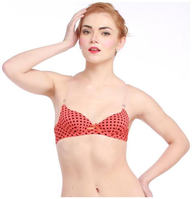Ladyfab Binny Polka Push Up Underwire Bra Transy Straps, Color - Orange