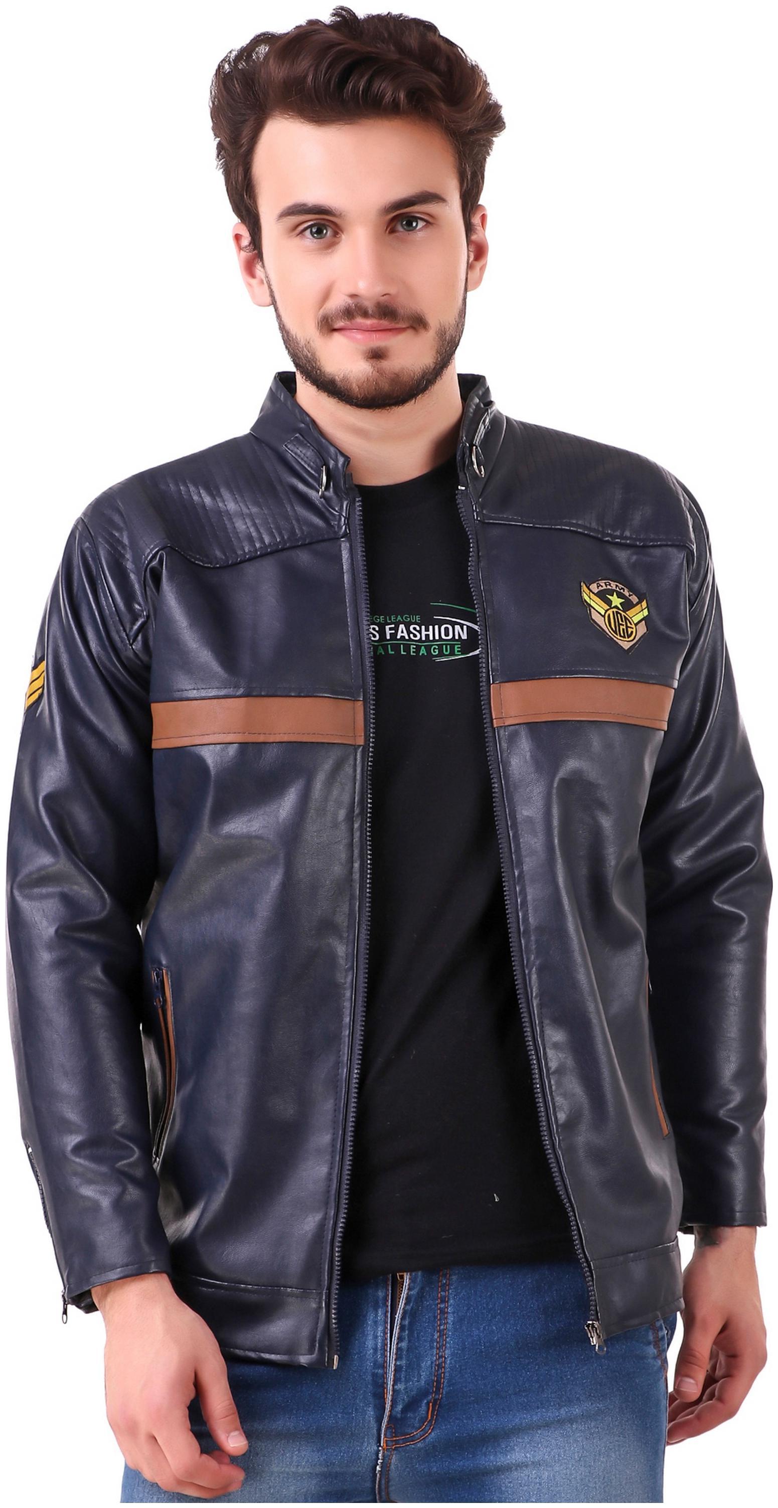 

Lafantar Men Blue Solid Leather jacket