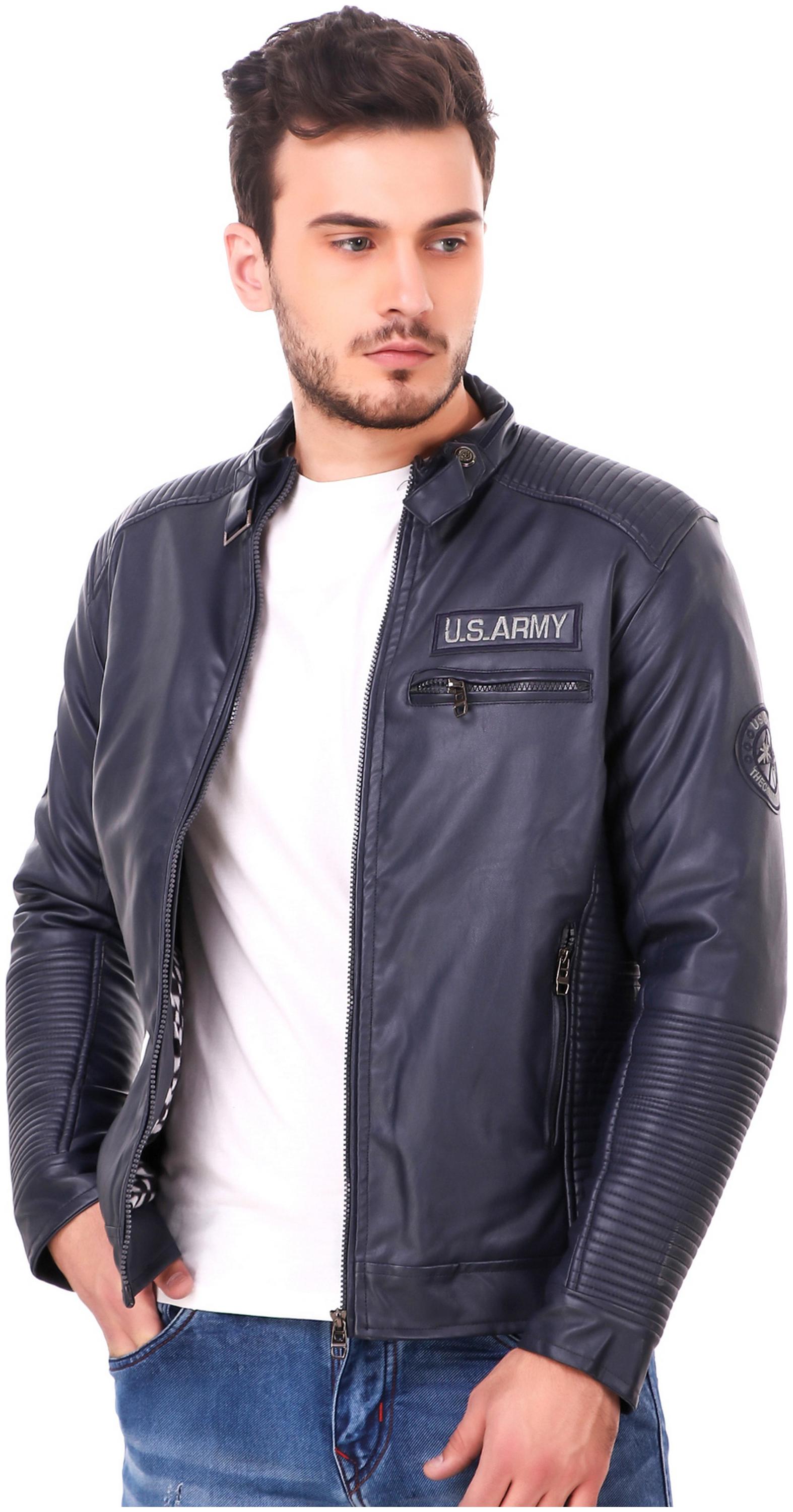 

Lafantar Men Blue Solid Leather jacket