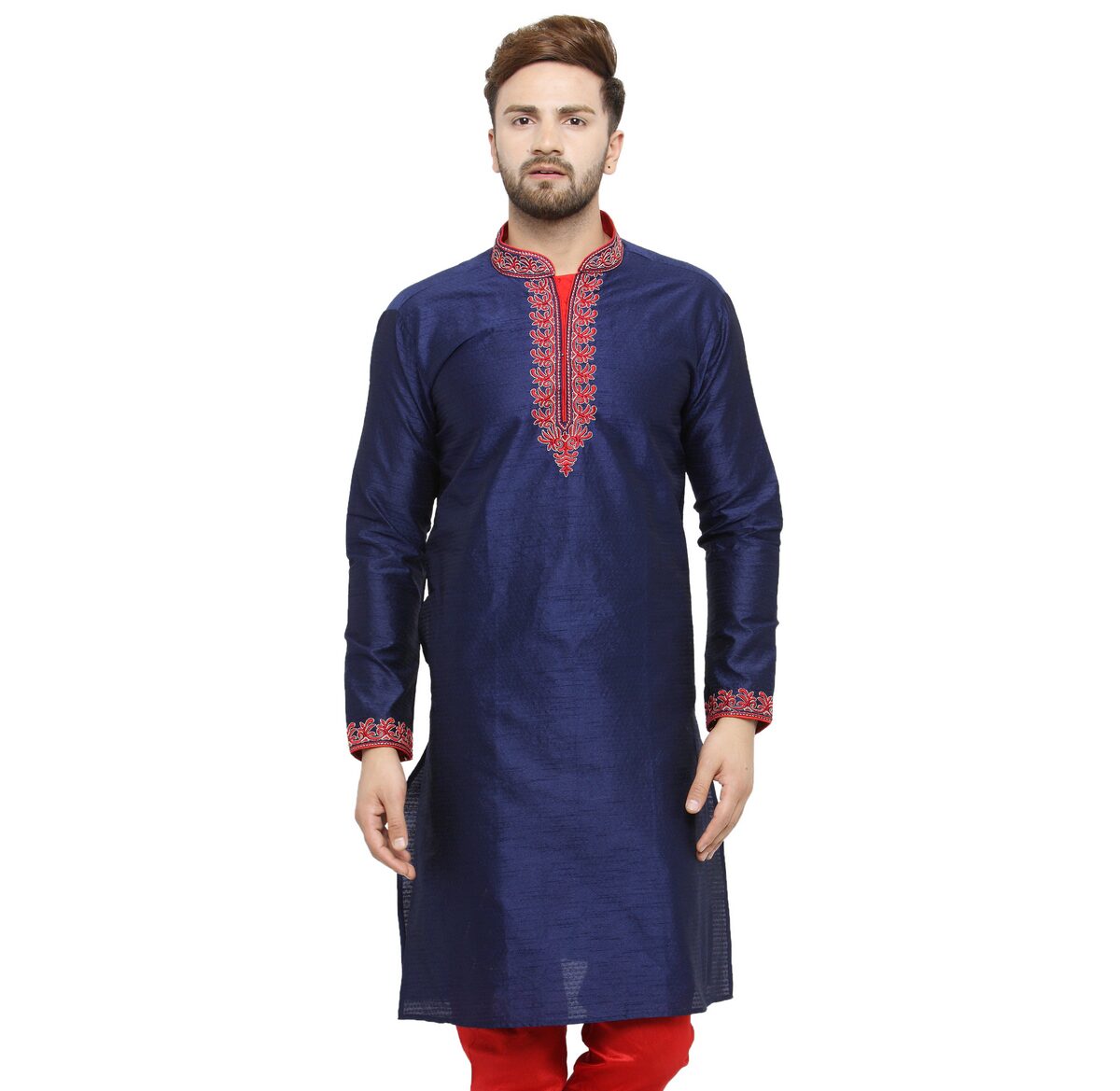 

Larwa Art Silk Navy Blue Embroidered Kurta For Men