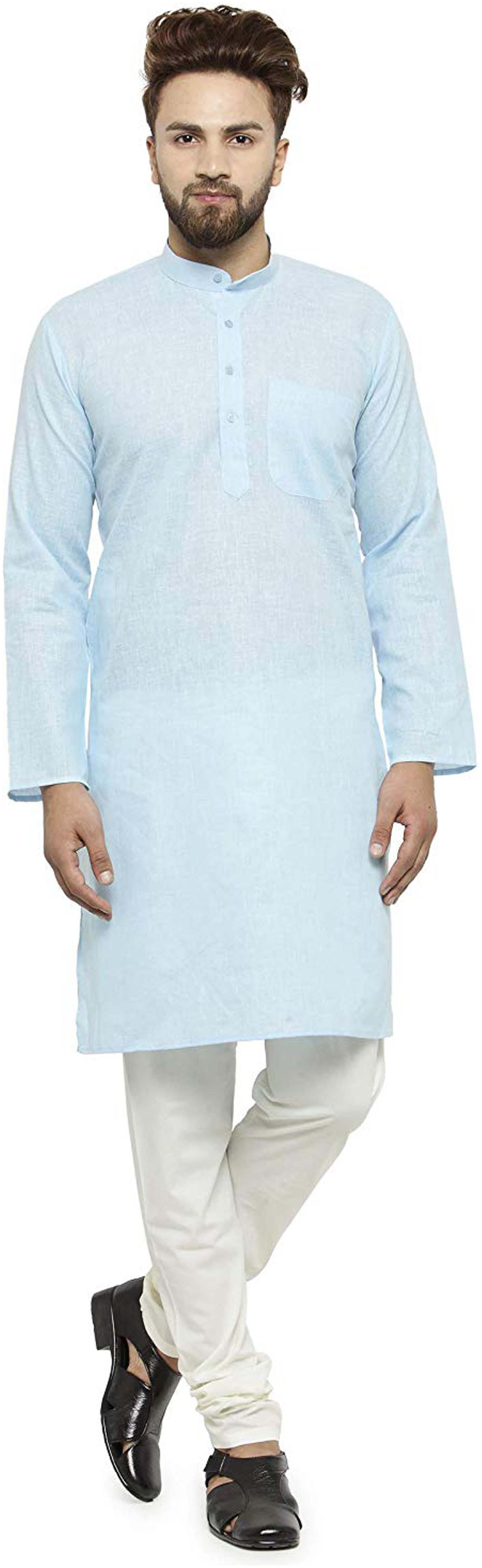 

Larwa MenCotton Solid Blue White Kurta Pyjama