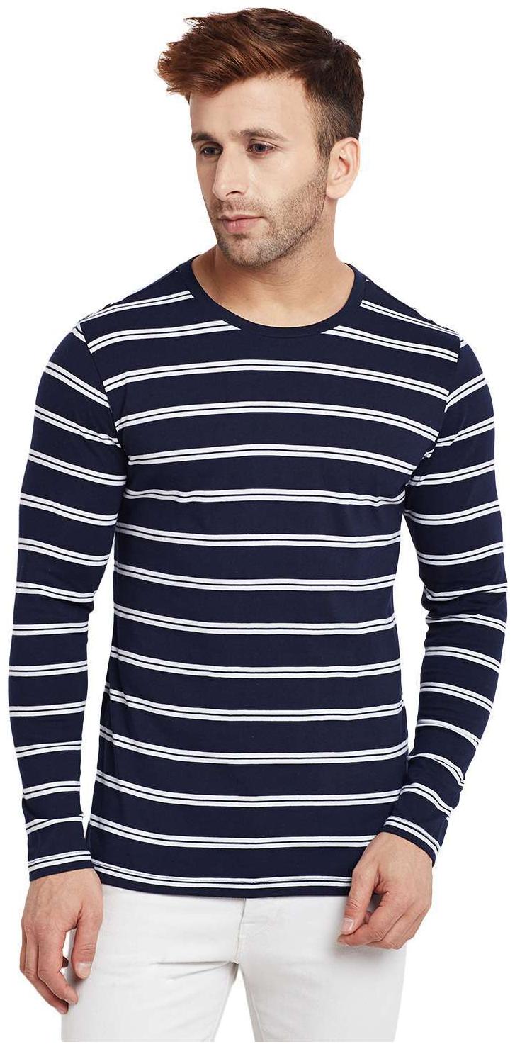 

LE BOURGEOIS Men s Navy Blue and White Stripe Cotton T-Shirt