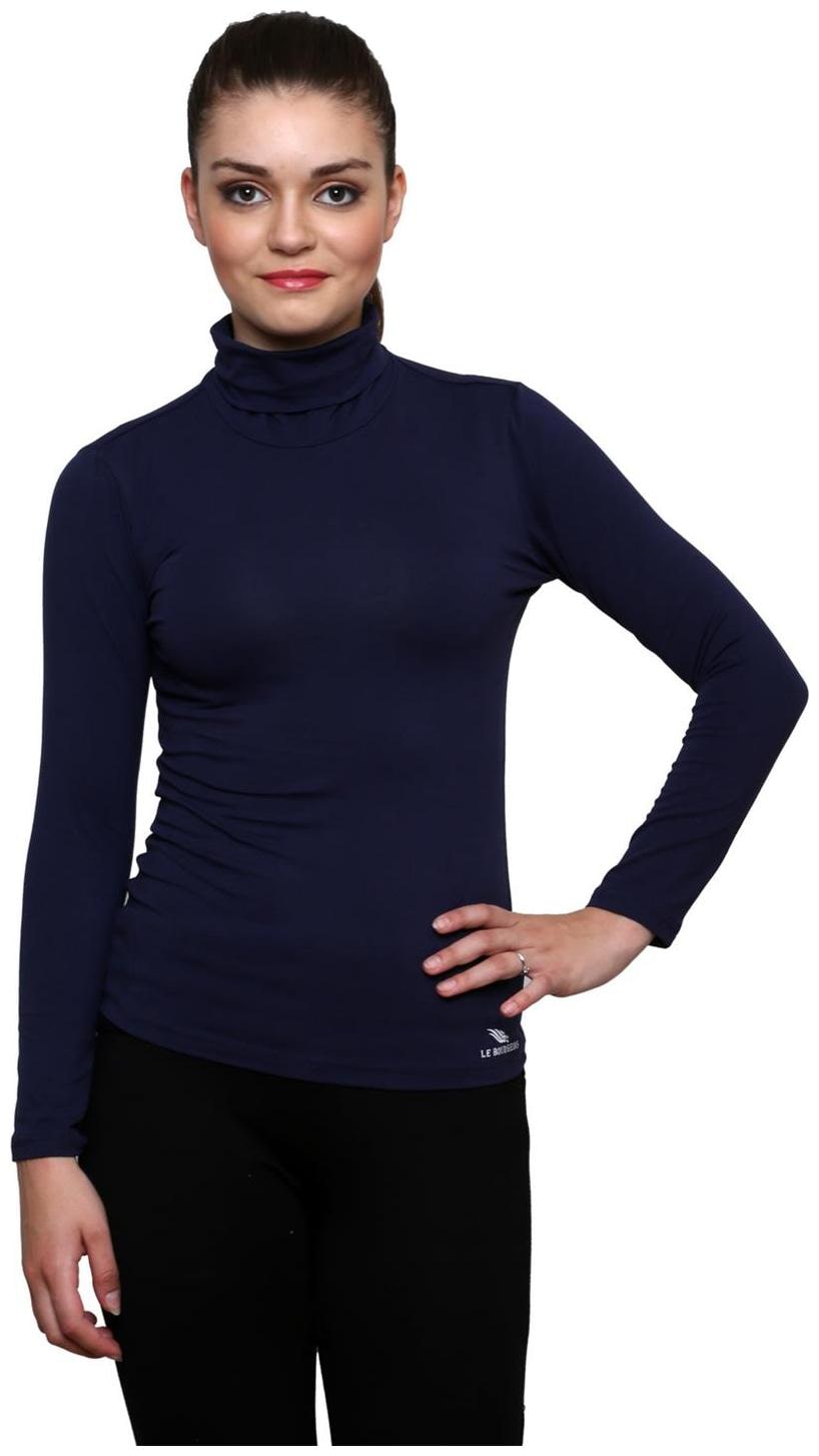 

Le Bourgeois Women Blue Slim fit High neck Cotton T shirt