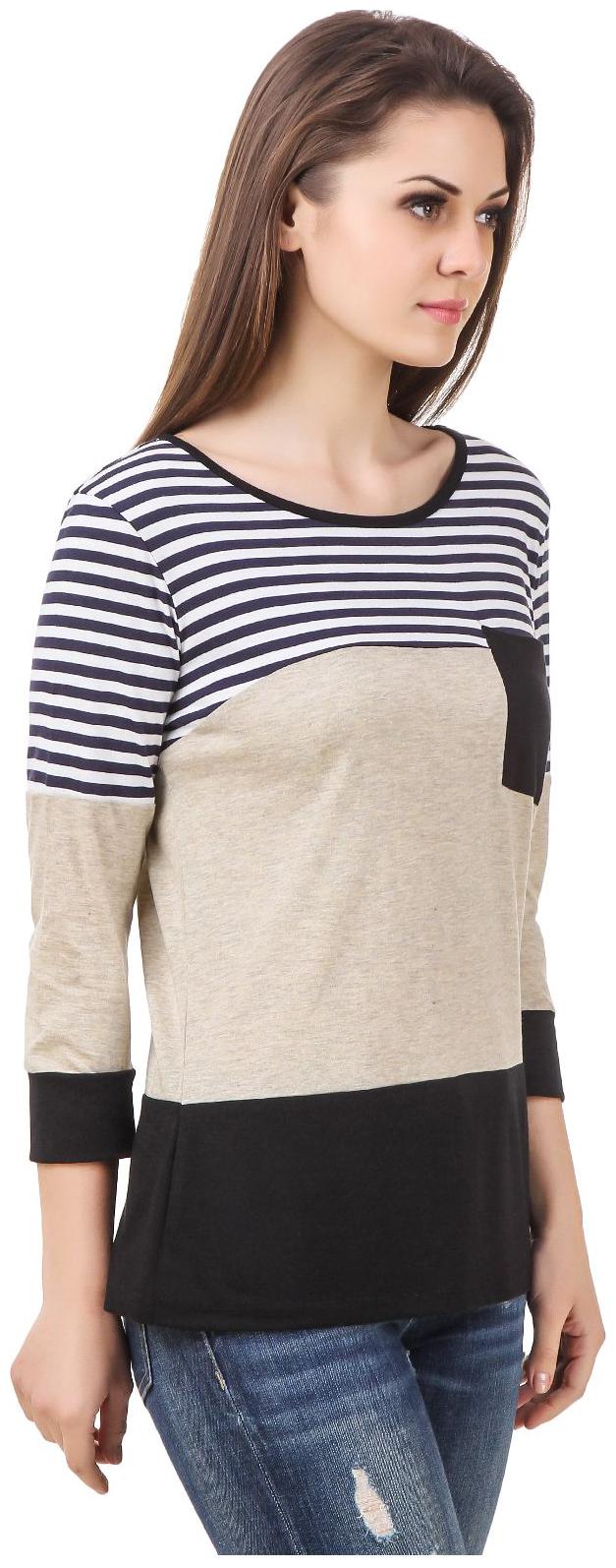 

Le Bourgeois Blue White Stripe Cream Color Round Neck T-shirt