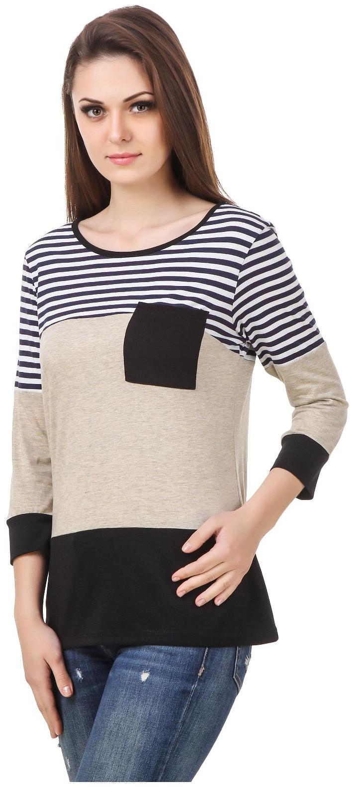

Le Bourgeois Blue White Stripe Cream Color Round Neck T-shirt
