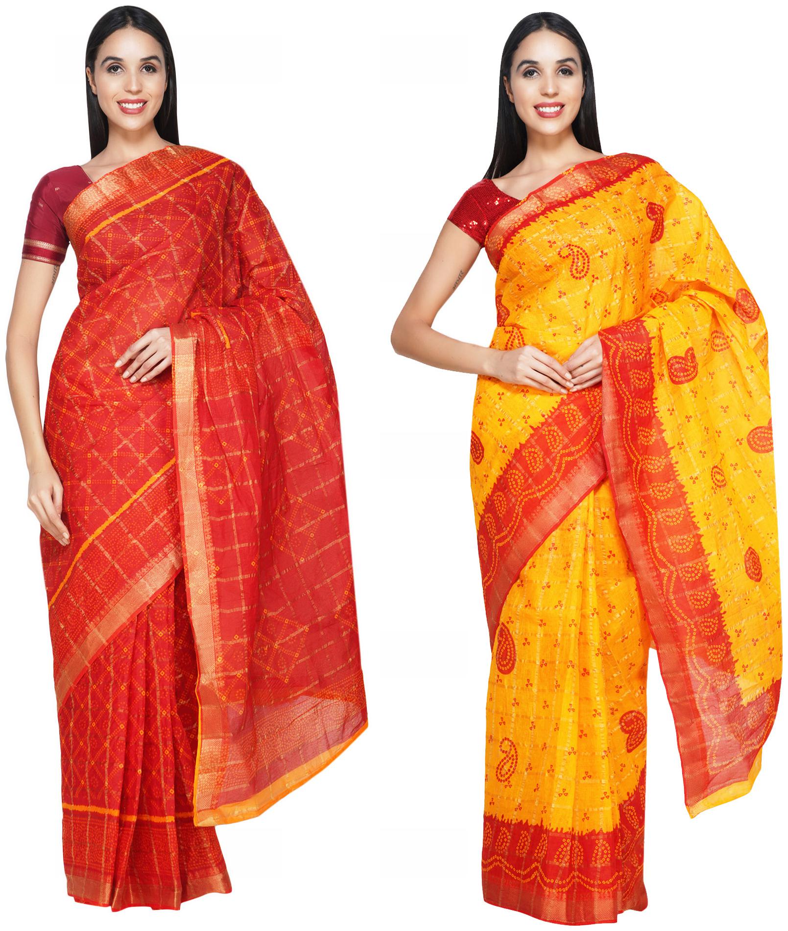 

Leapcat Women Cotton Daily Wear Saree -Pack Of 2 (Yellow Red)