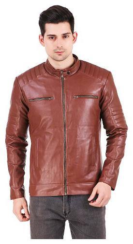 Leather Retail Men Brown Solid Leather jacket