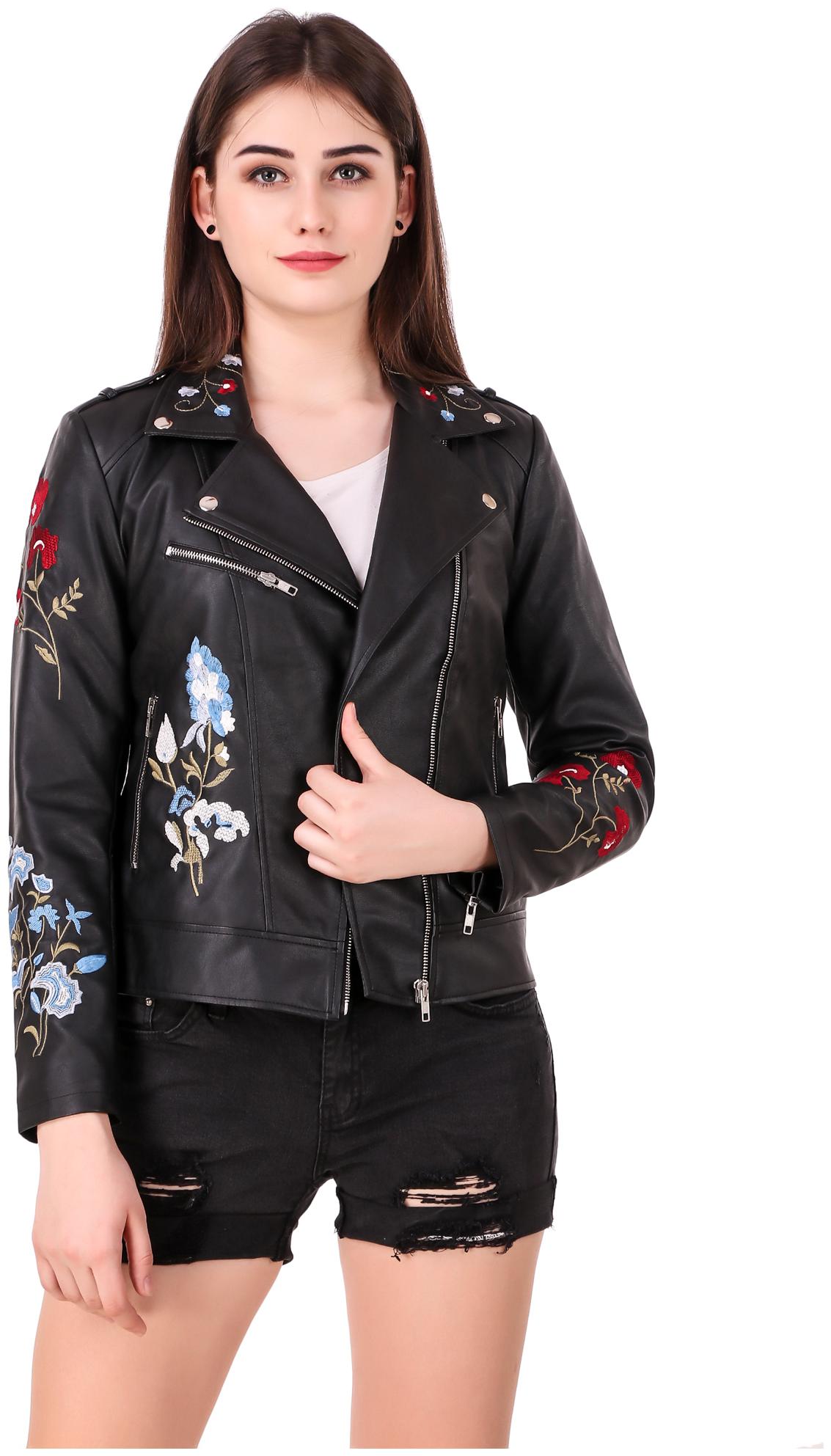 

Leather Retail Women Embroidered Biker Jacket - Black