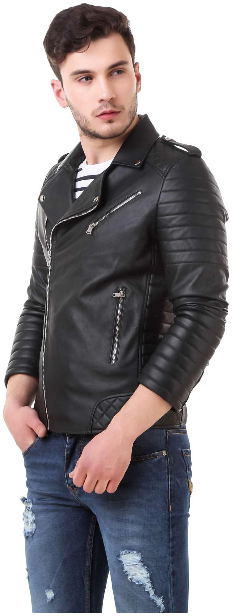 

Leather Retail Men Black Solid Biker jacket