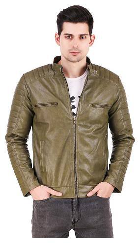 Leather Retail Men Green Solid Leather jacket