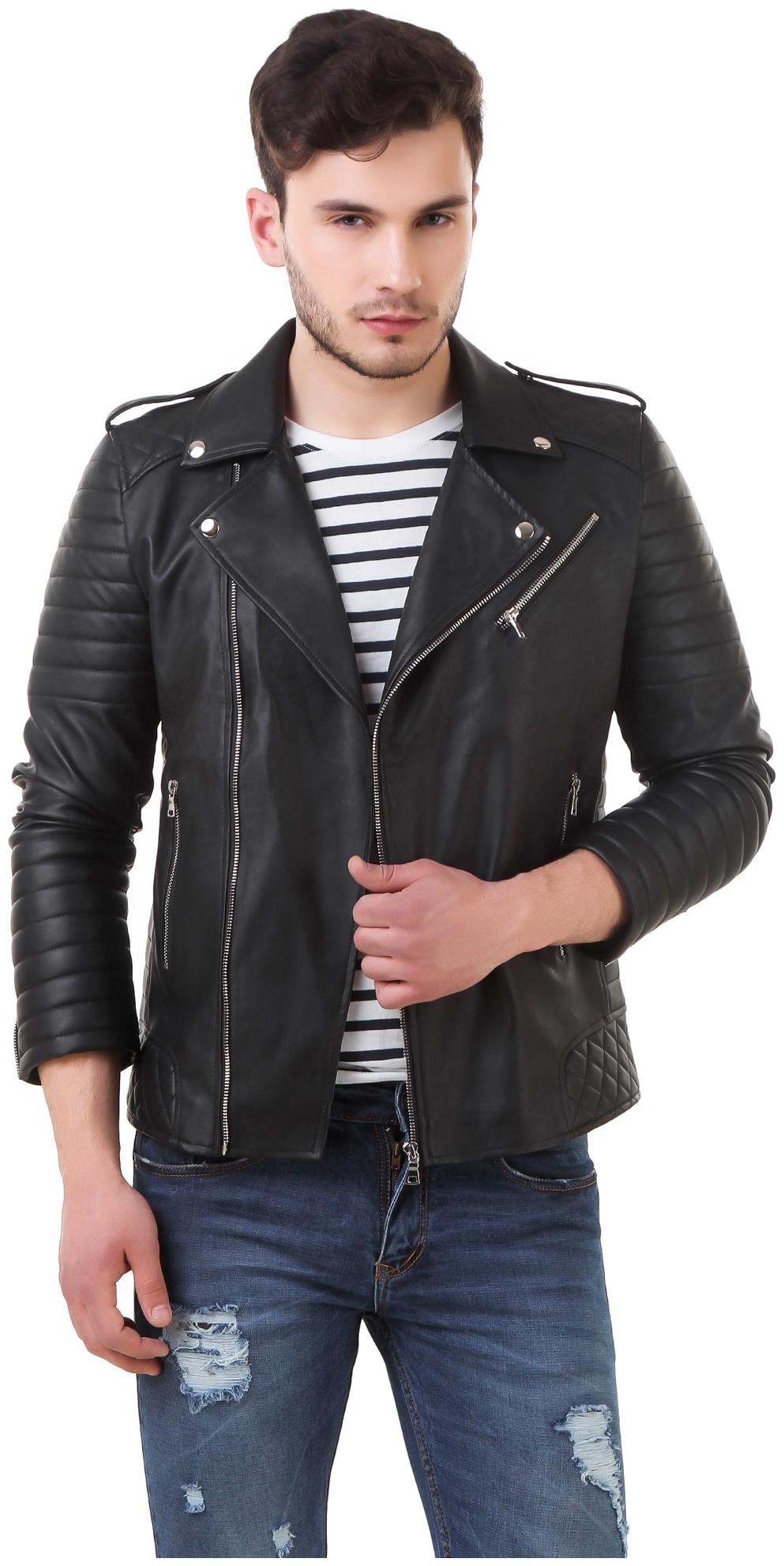 

Leather Retail Men Black Solid Biker jacket