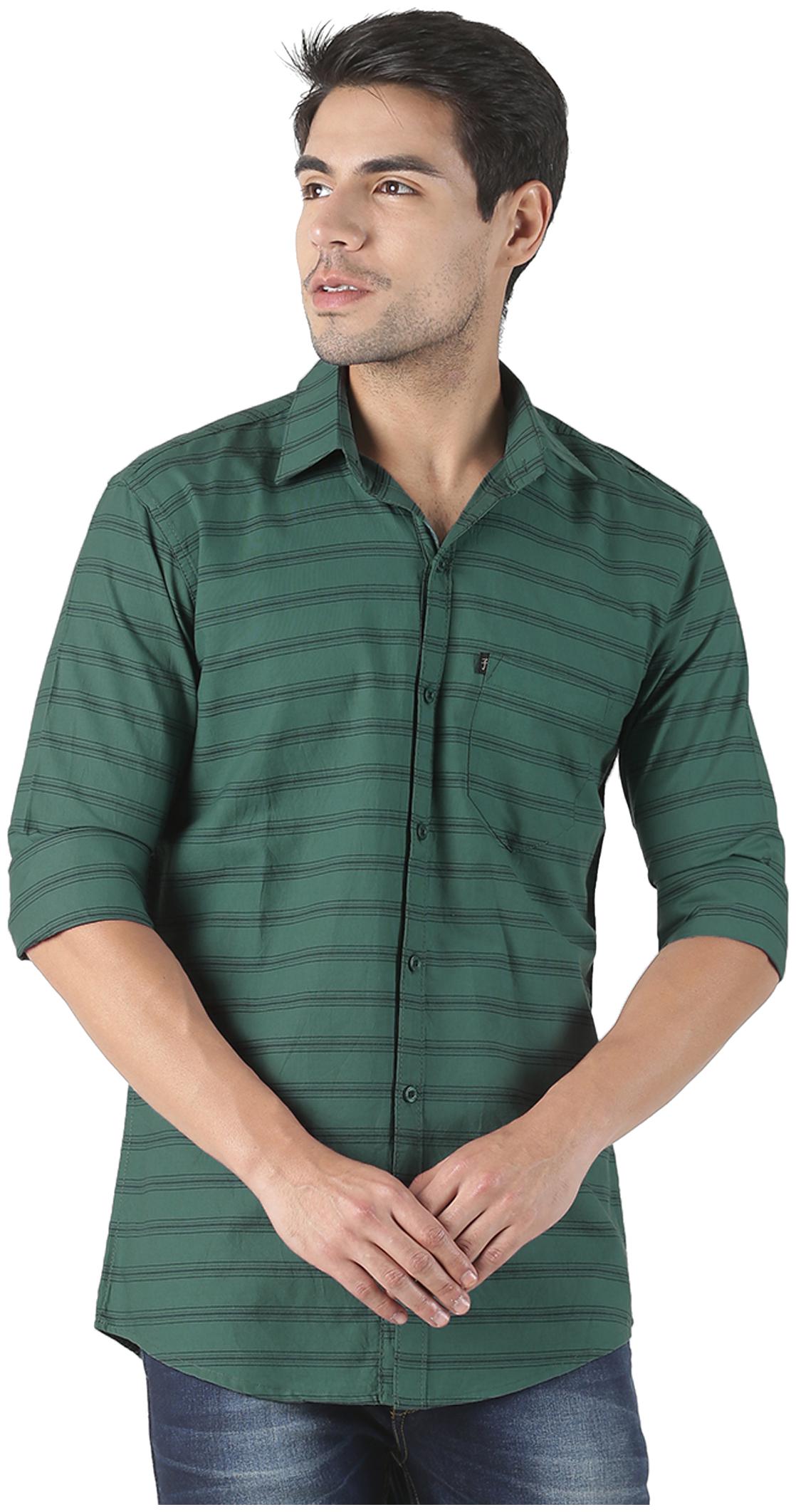 

LEVIZO Men Green Horizontal Stripes Regular Fit Casual Shirt