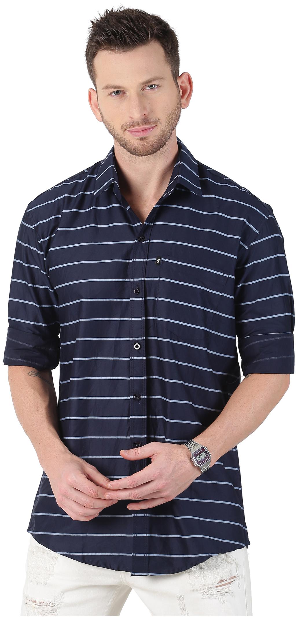

LEVIZO Men Navy Blue Horizontal Stripes Regular Fit Casual Shirt