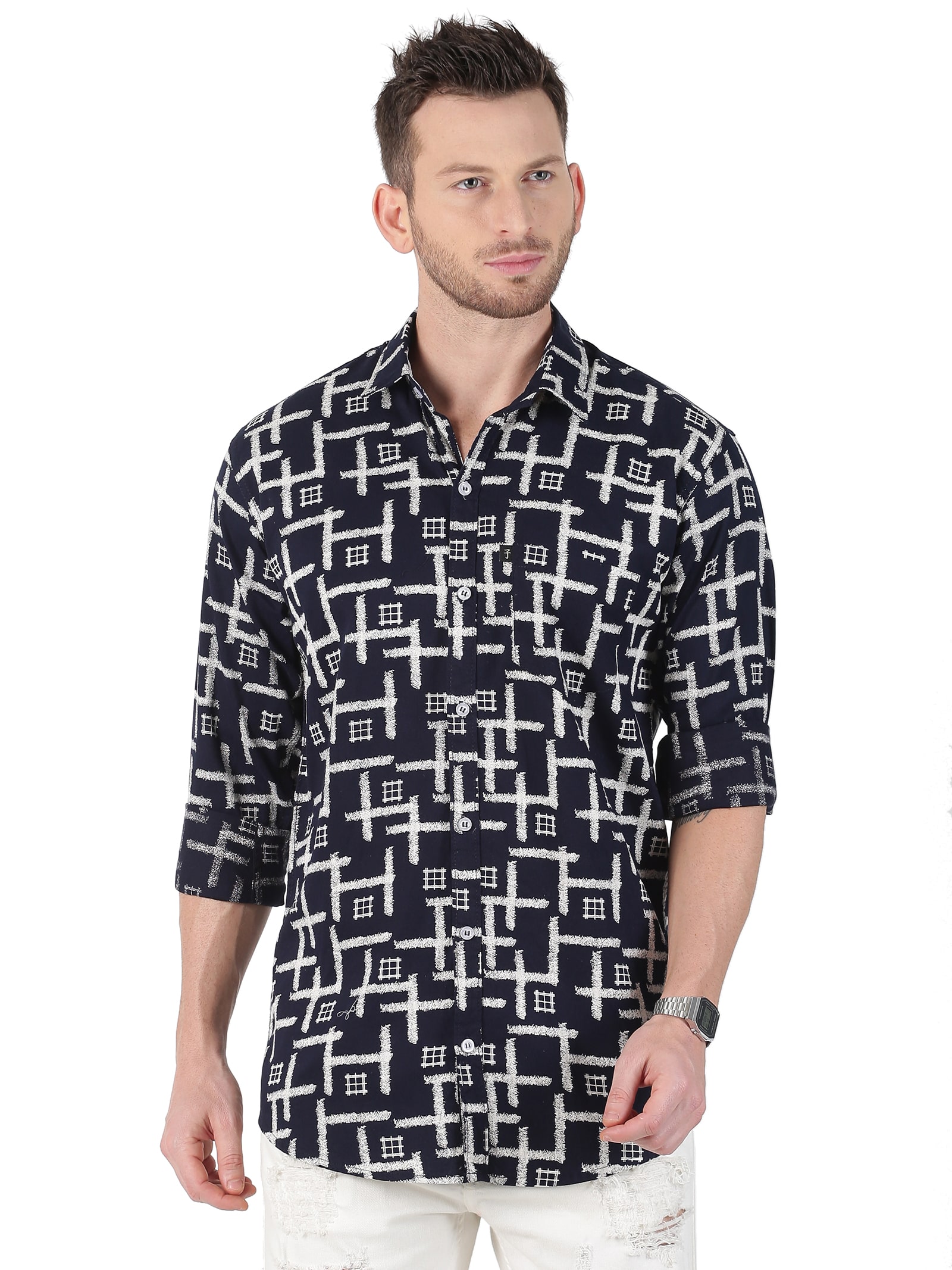 

LEVIZO Men Navy Blue Printed Regular Fit Casual Shirt